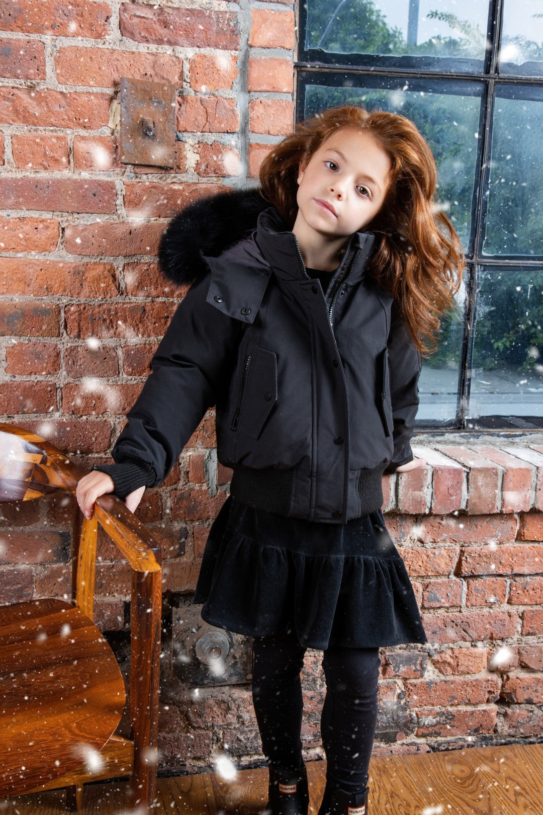 Ellabee Black Adelle Canvas Down Bomber Coat- Black Fox Fur
