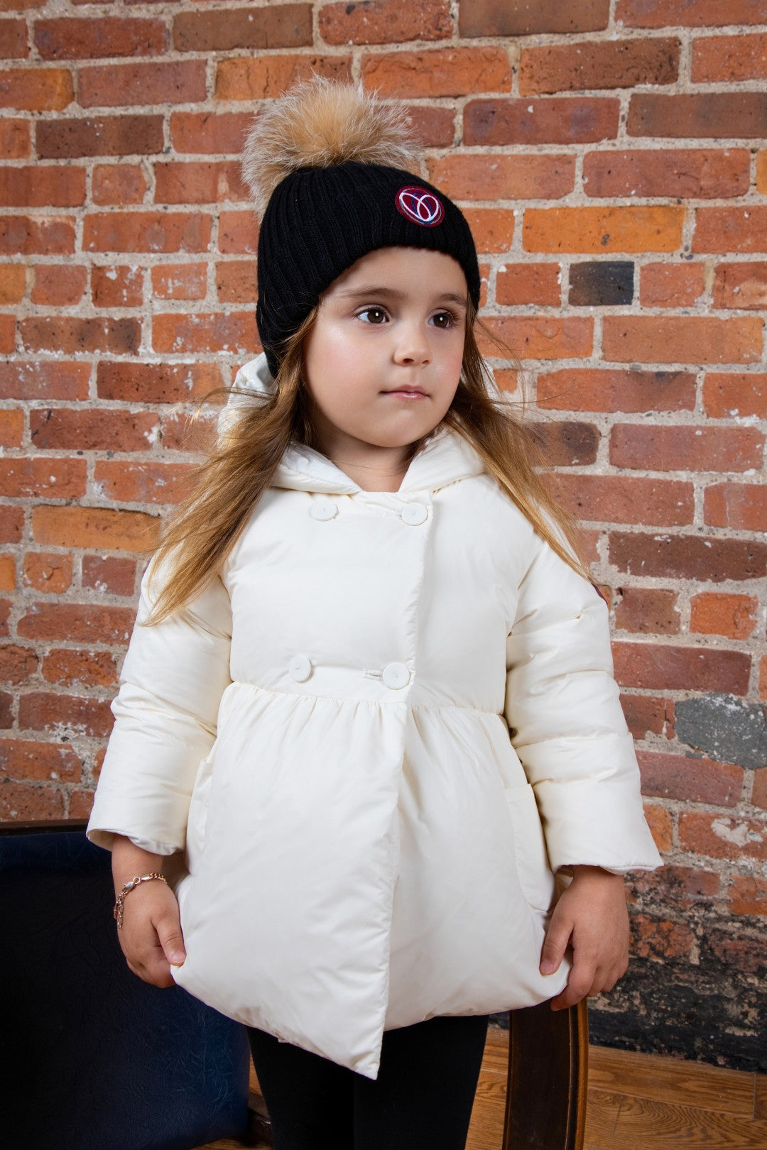 Ellabee Wool White Fox Fur Pom Pom Hat Black