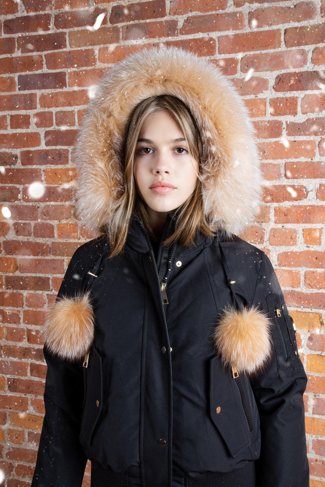 Ellabee Adelle Canvas Black Down Bomber with Pom Poms