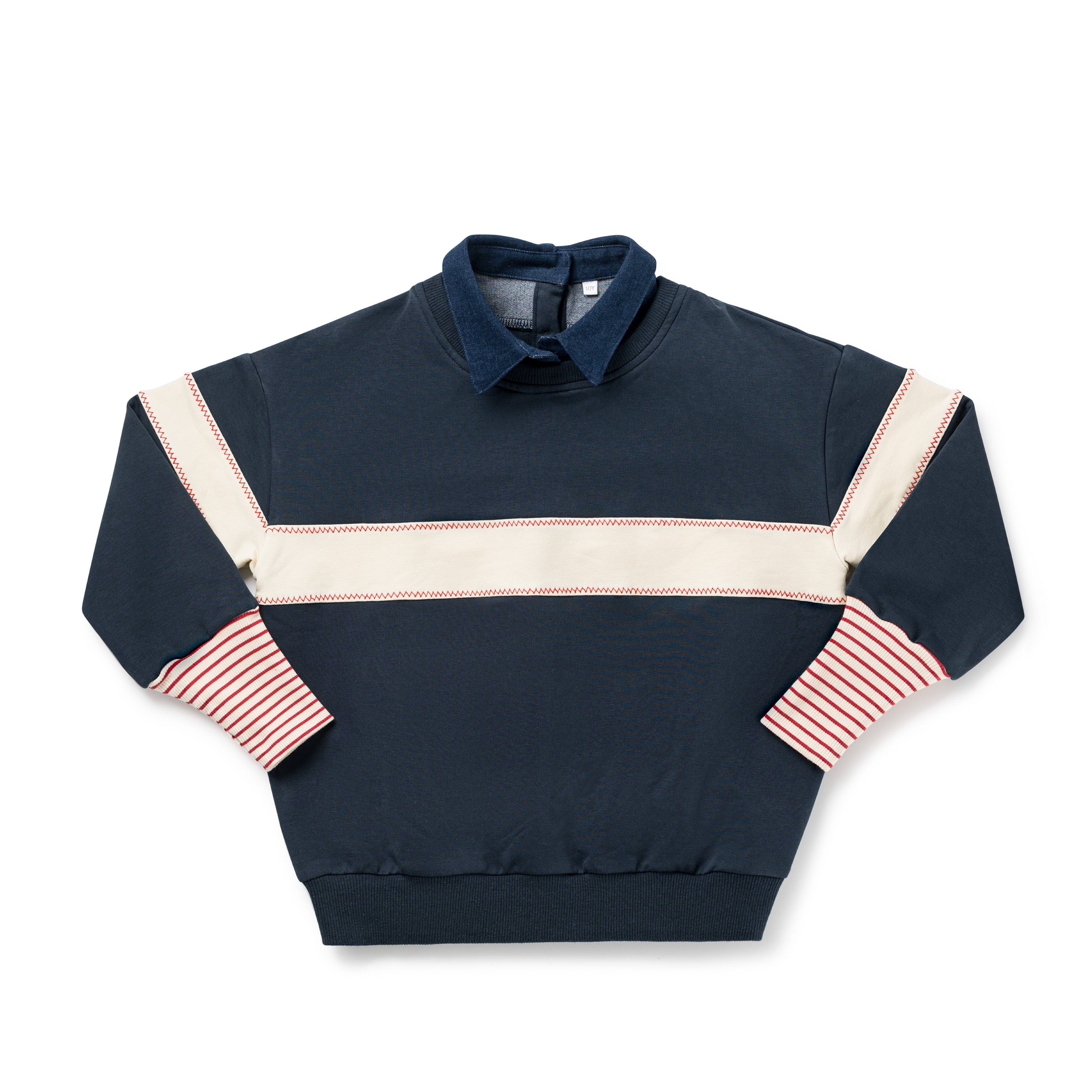 Birnham on the Sea Girls Navy and Cream Ribbed Sleeve Collar Sweatshirt