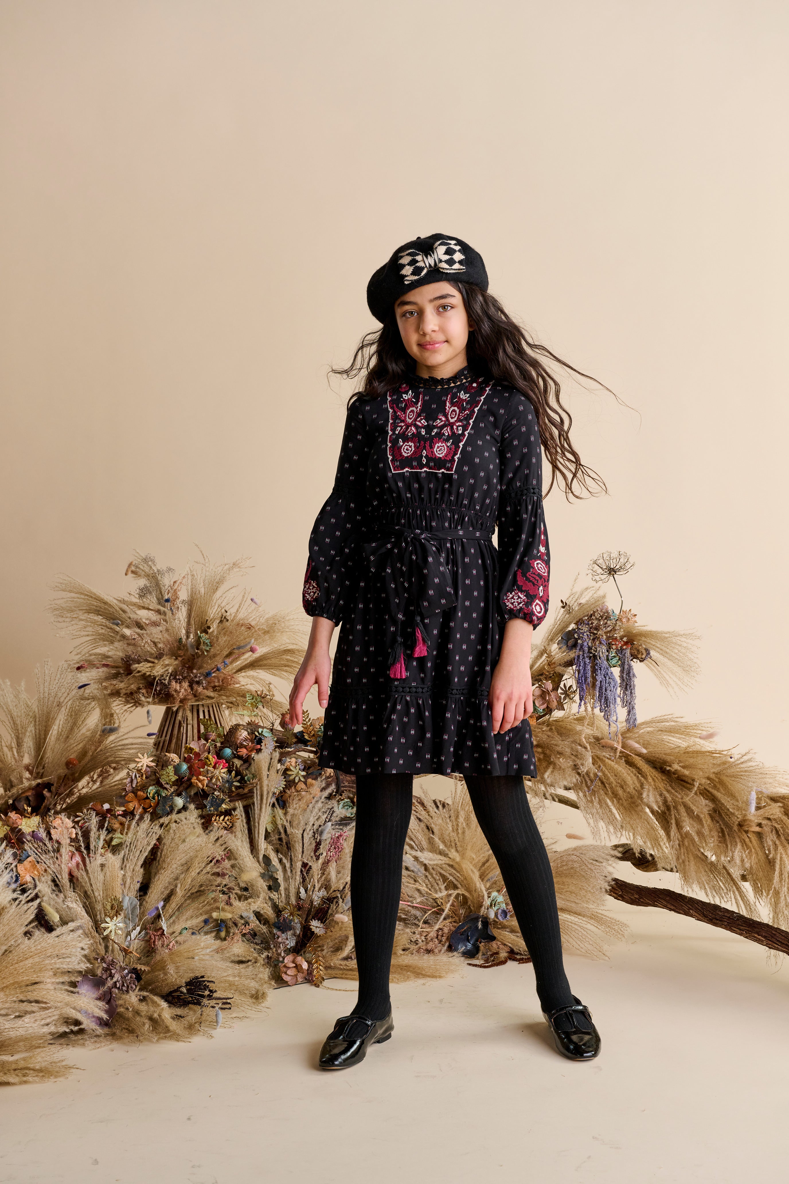 Porter Black with Maroon Embroidery Dress