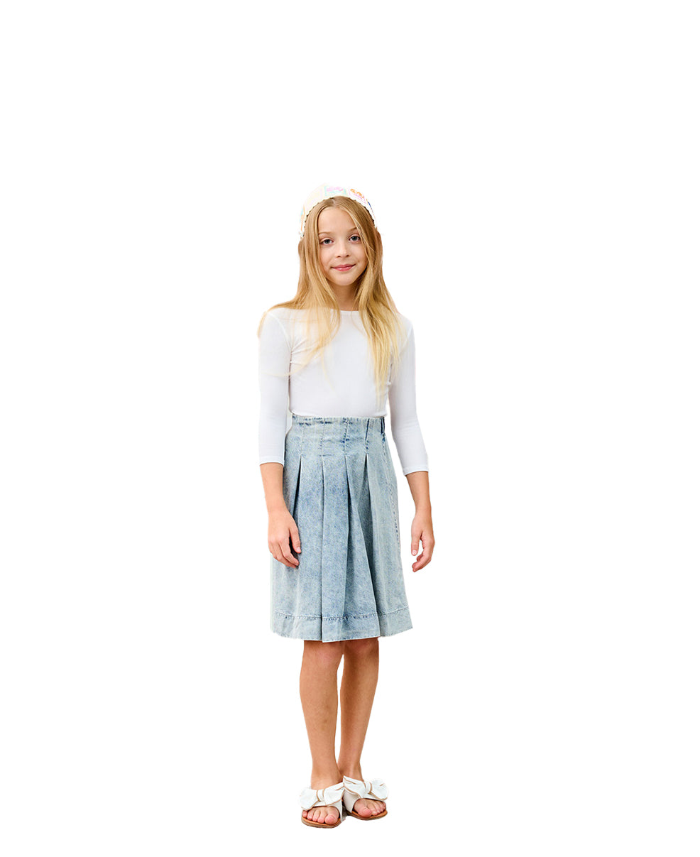 Porter Whitewash Pleated Denim Skirt