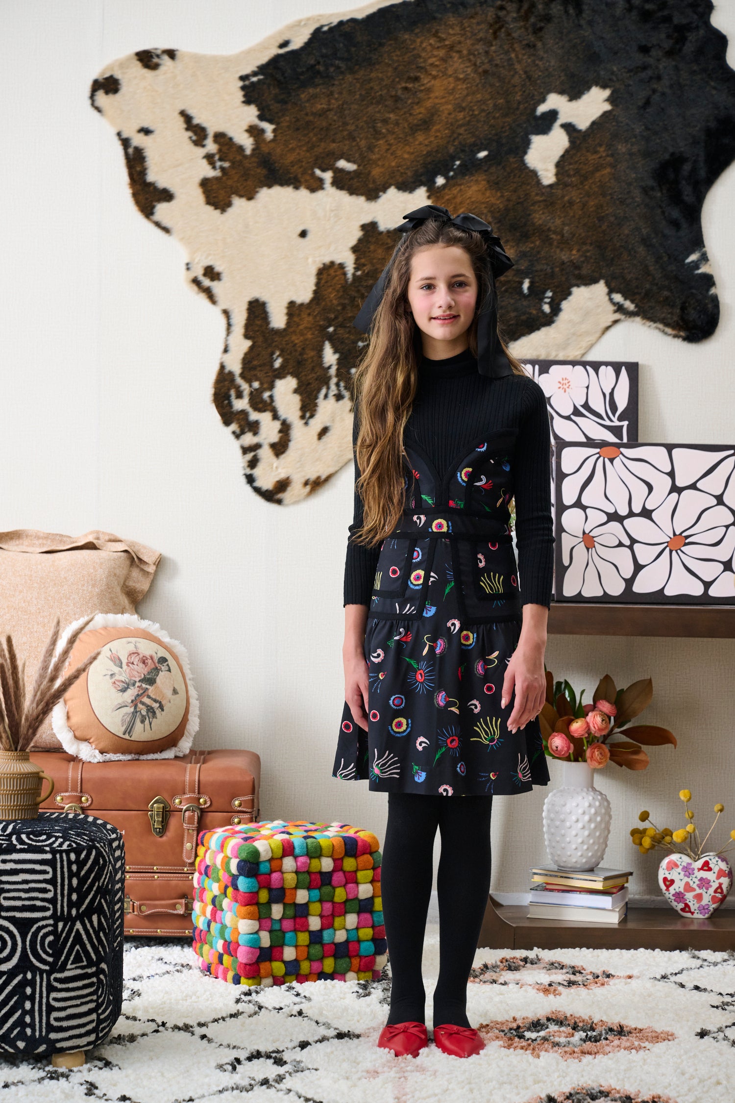 Porter Black With Vibrant Floral Embroidery Design Dress