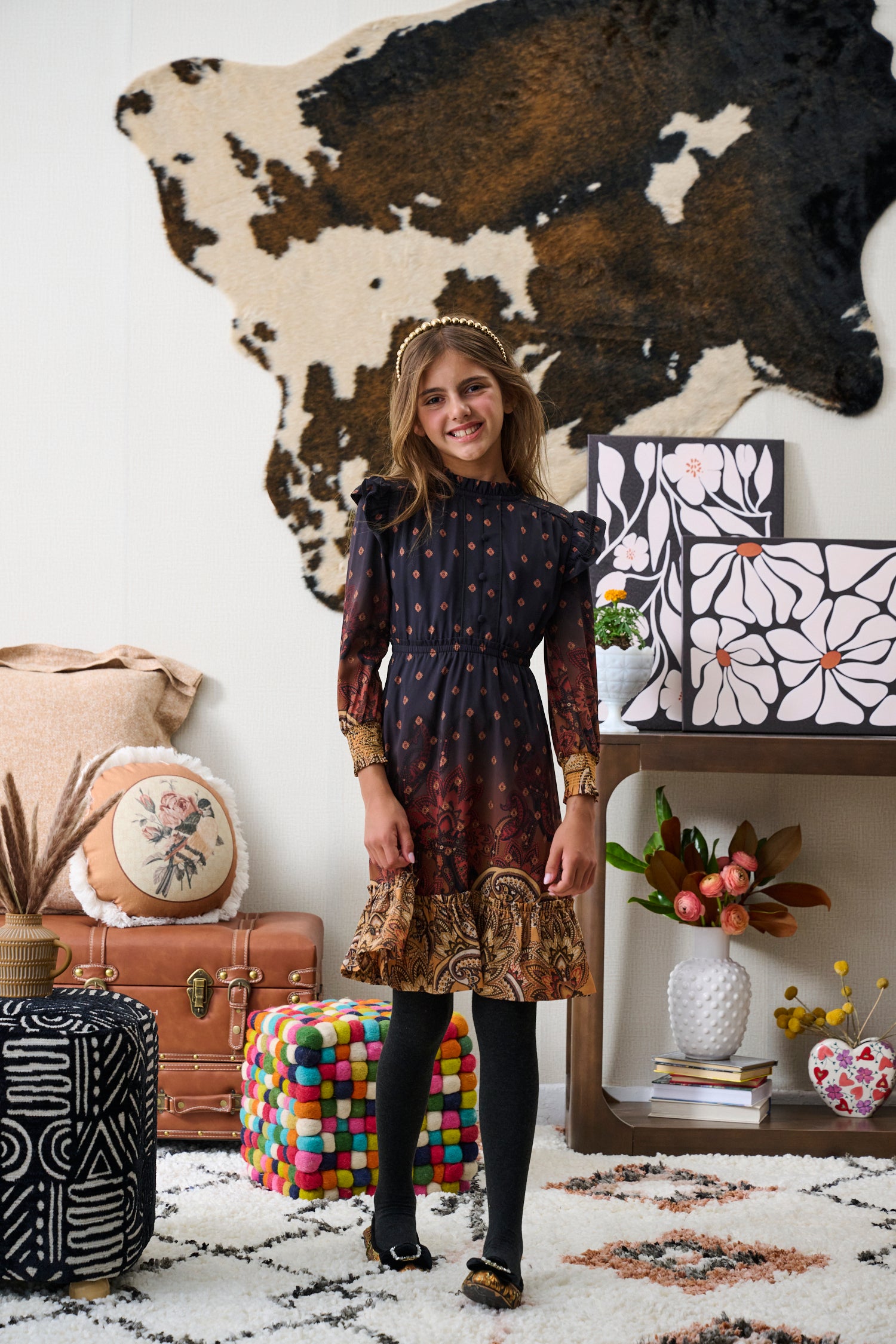 Porter Black Brown Yellow Ombre Paisley Print Dress