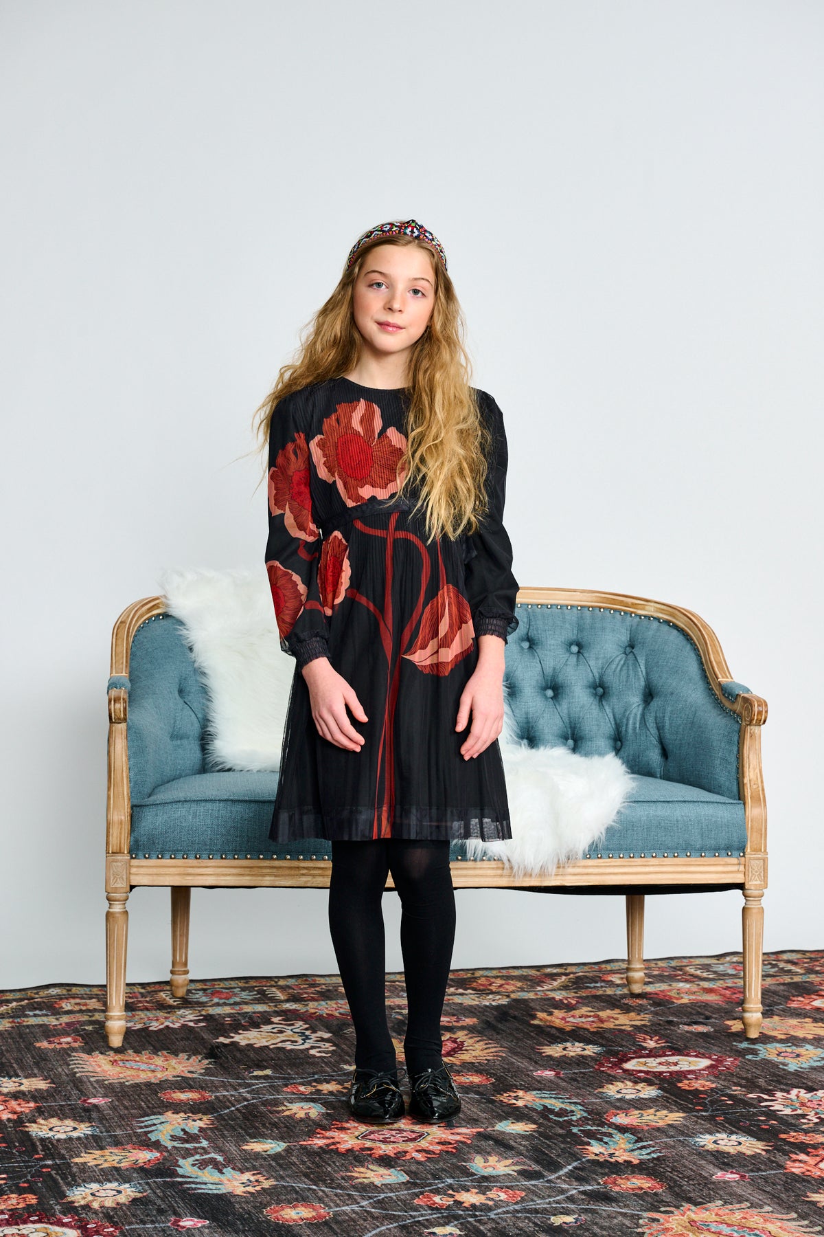 Porter Girls Brown Flower Mesh Pleated Dress