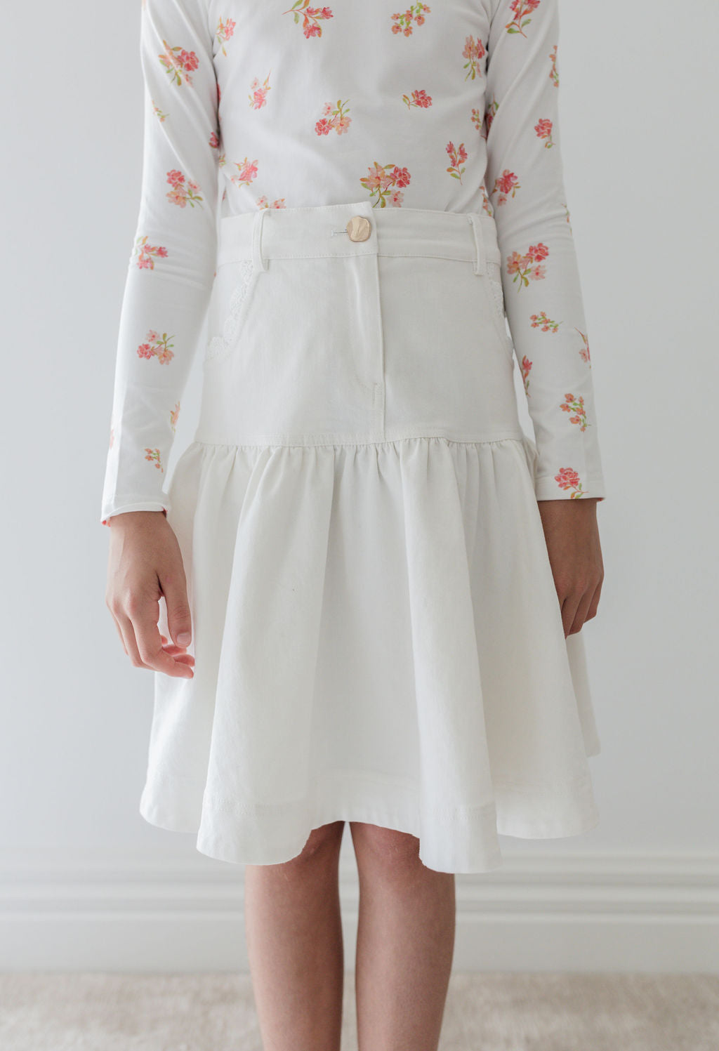 Steph Lace Trim Denim Skirt - White Wash