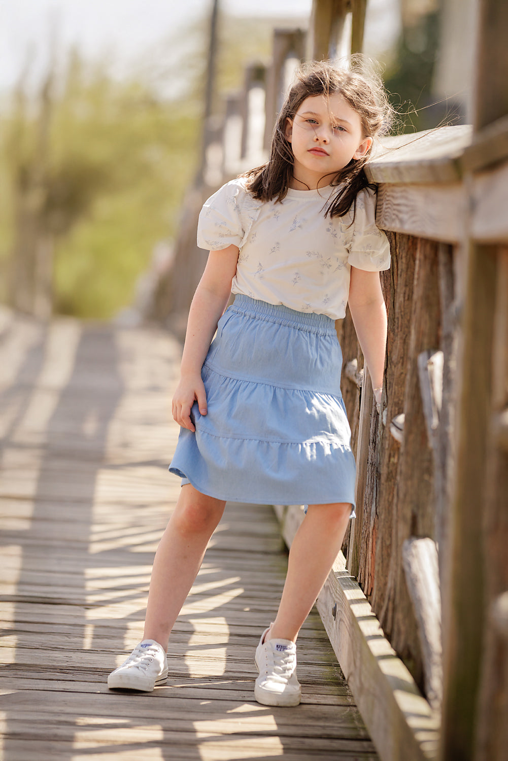 Duet White Blue Denim Tiered Skirt