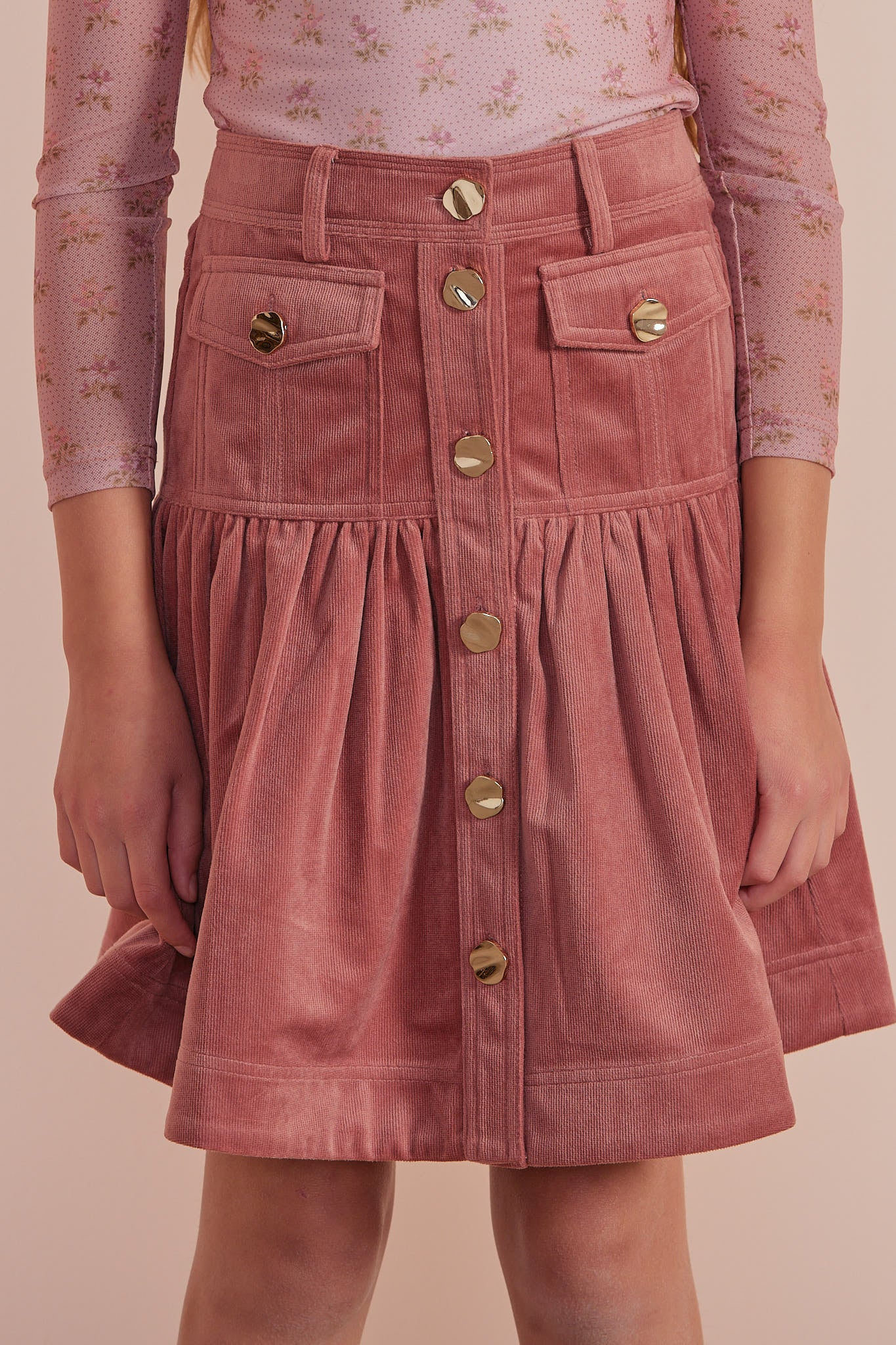 Petite Pink Rose Corduroy Skirt