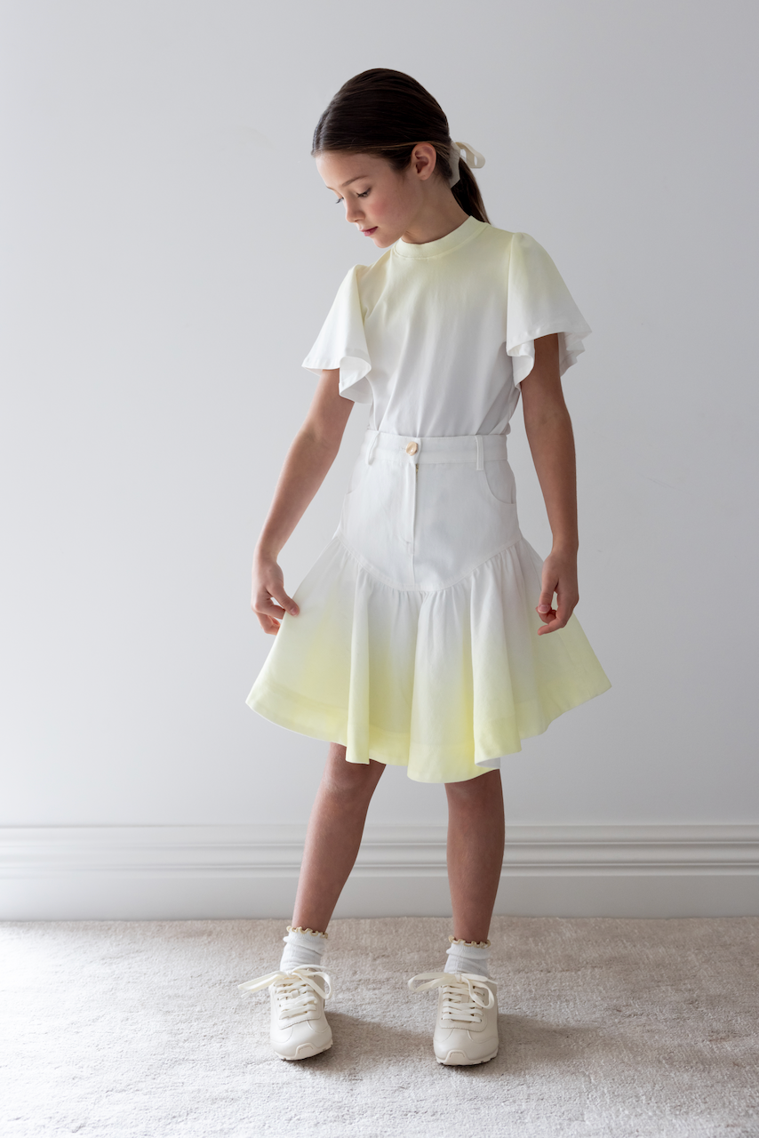 Steph Yellow Tie Dye Fluted Hem Denim Skirt