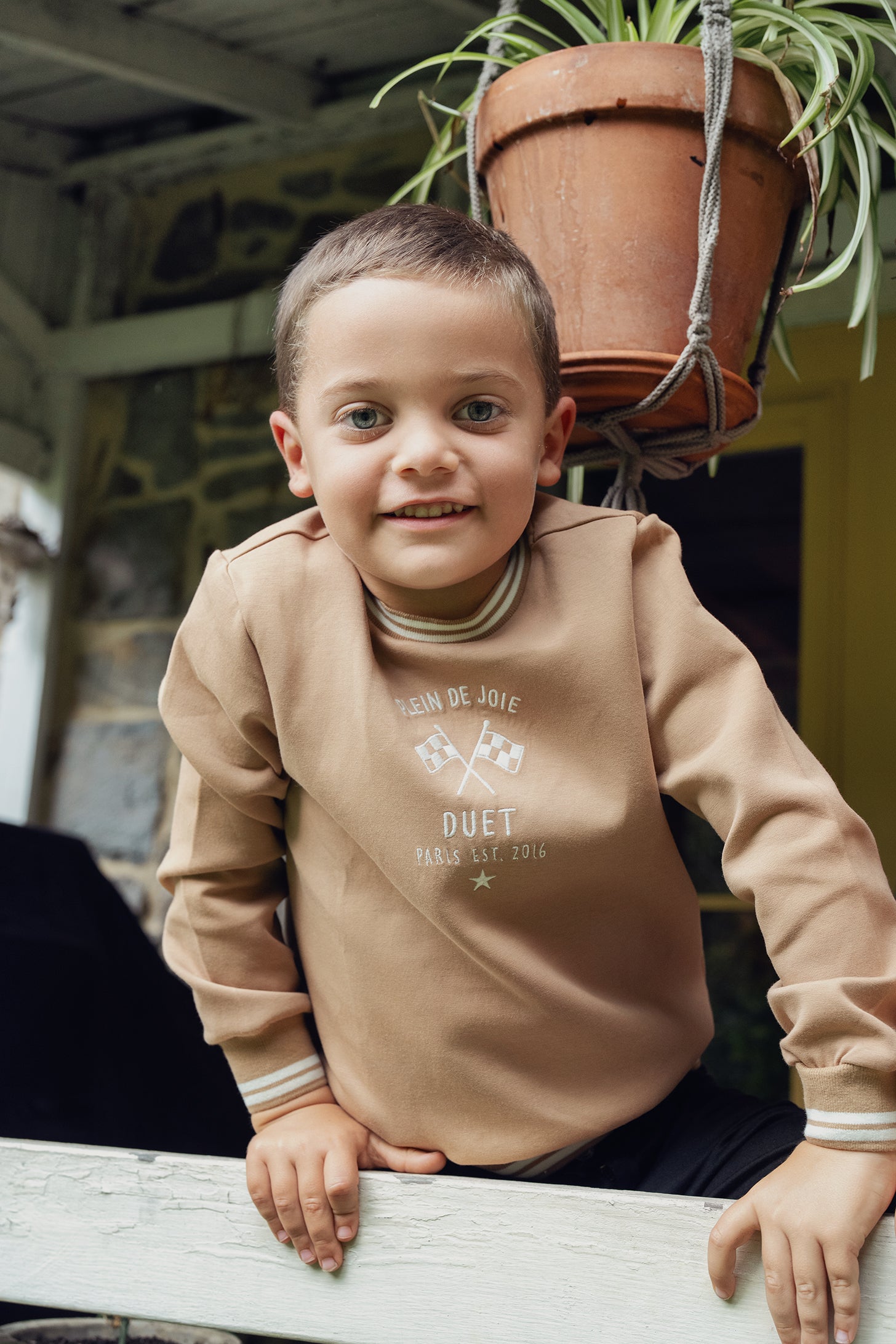 Duet Boys Cognac Front Emblem Sweatshirt with Tan & White Stitching