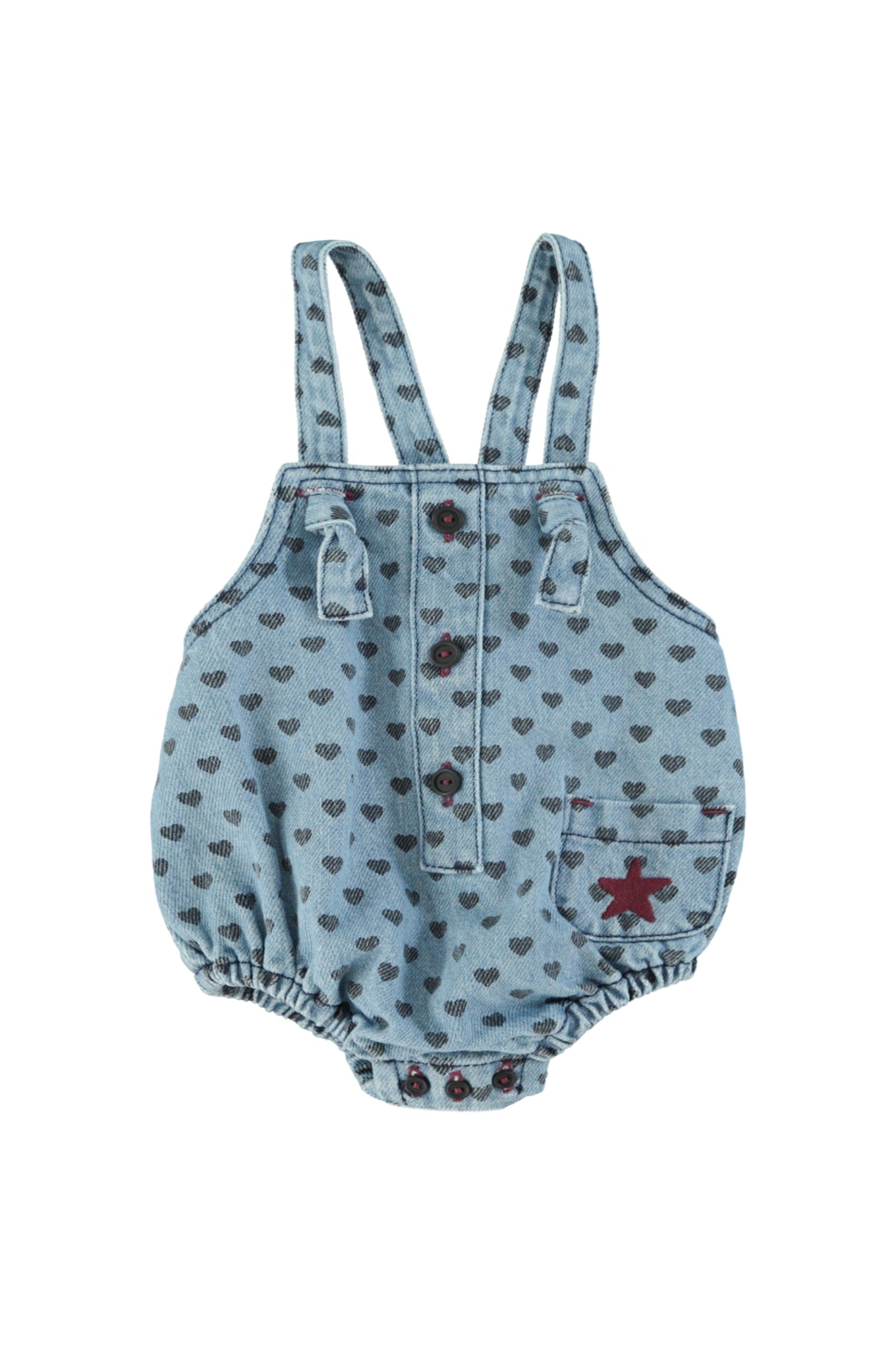 Piupiuchick Baby Romper | Washed Blue Denim W/ Black Hearts