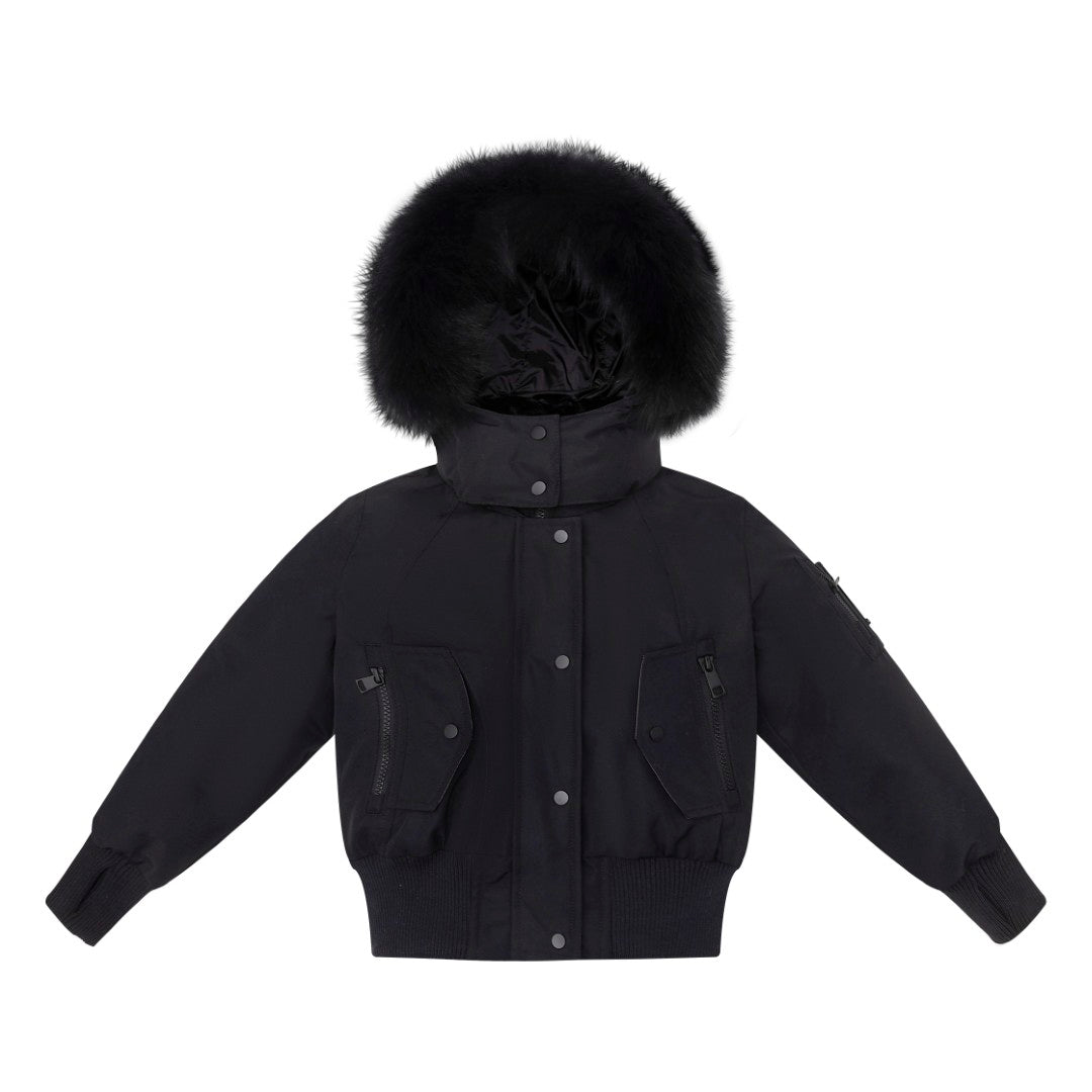 Ellabee Black Adelle Canvas Down Bomber Coat- Black Fox Fur