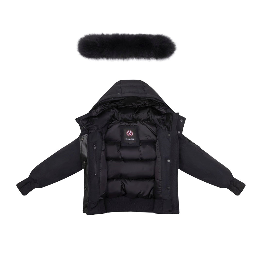 Ellabee Black Adelle Canvas Down Bomber Coat- Black Fox Fur