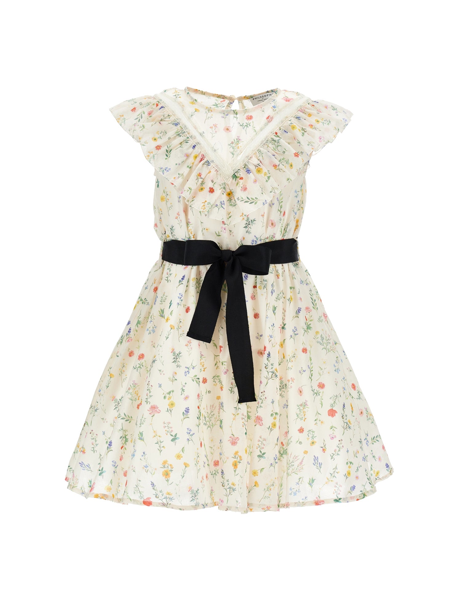 Philosophy Off White Sleveless Floral Print Dress with Ruffles and Tie Belt