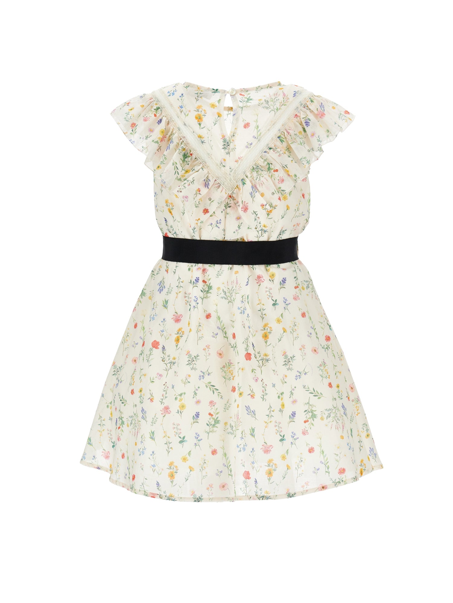 Philosophy Off White Sleveless Floral Print Dress with Ruffles and Tie Belt