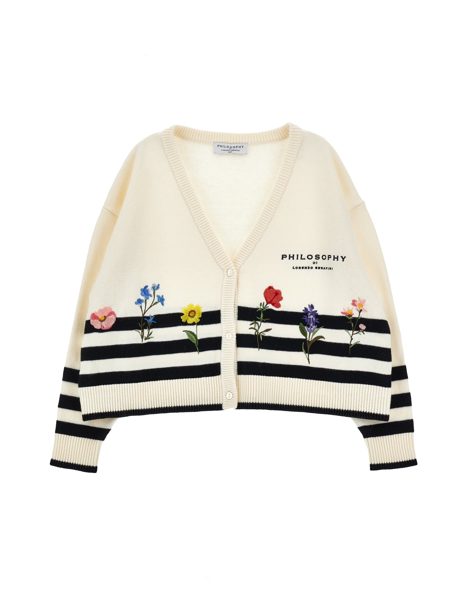 Philosophy Off-White Striped Knit Cardigan with Floral Embroidery