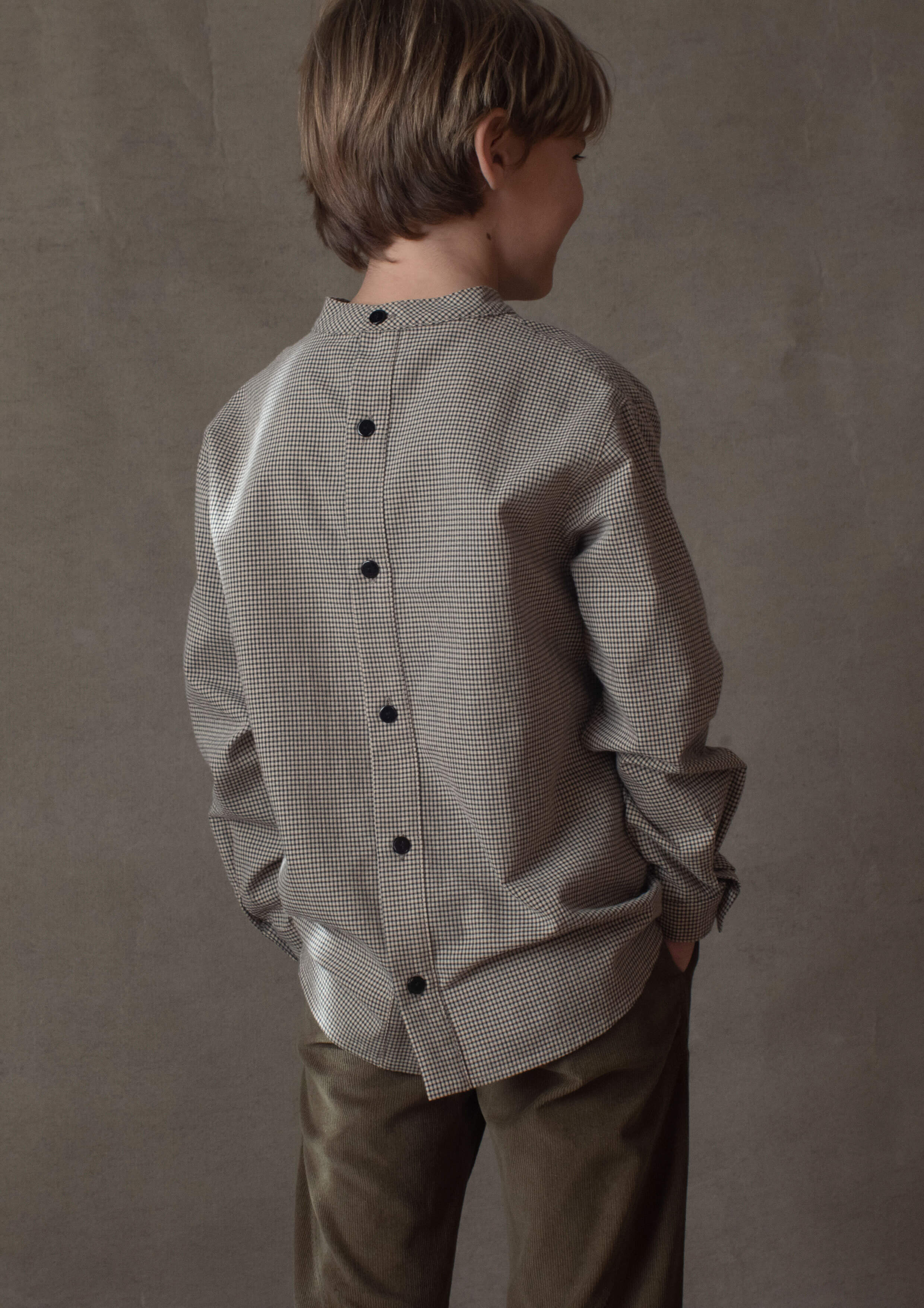 Popelin Black Gingham Mandarin Collar Shirt