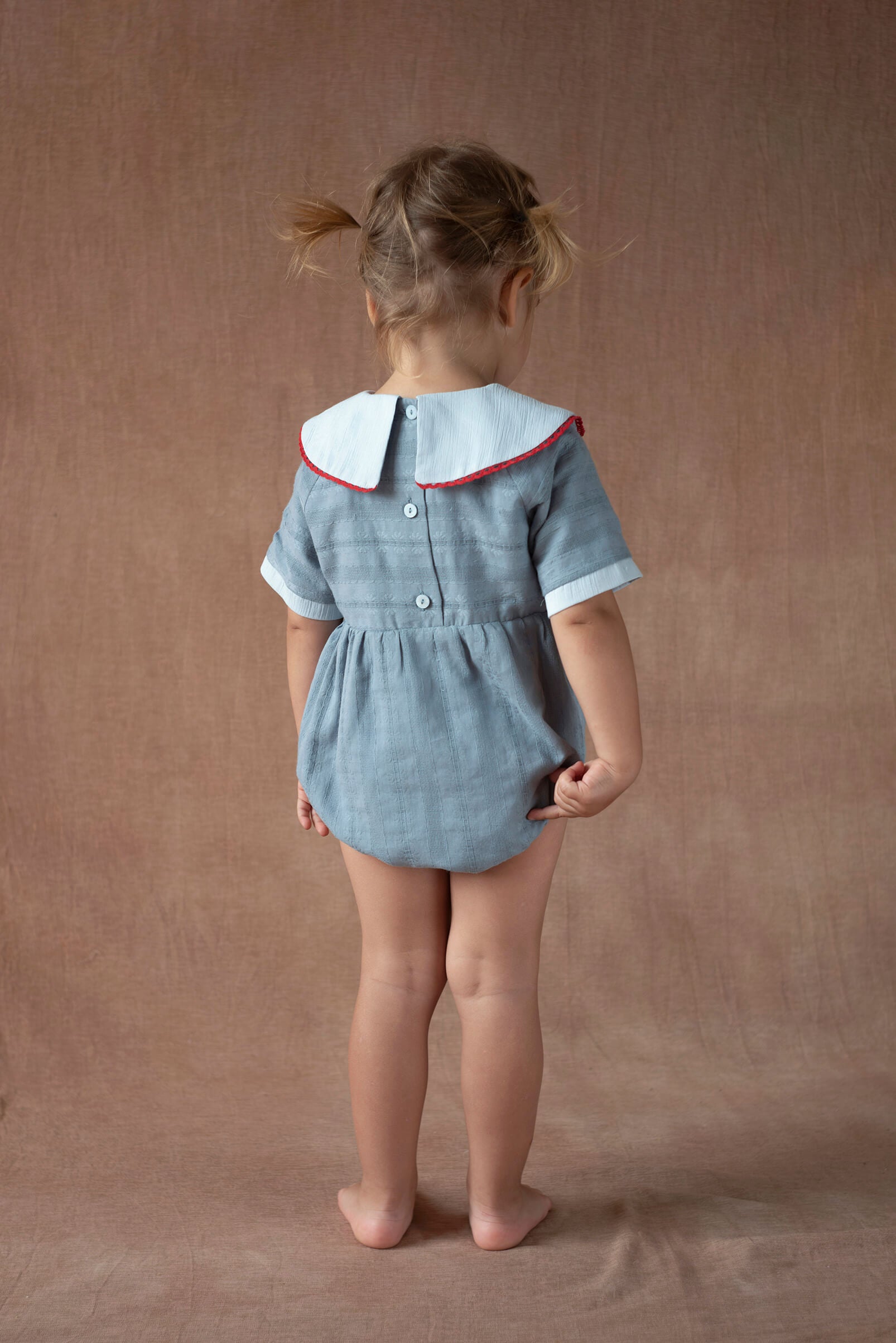 Popelin Blue Romper Suit with Embroidered Bib Collar