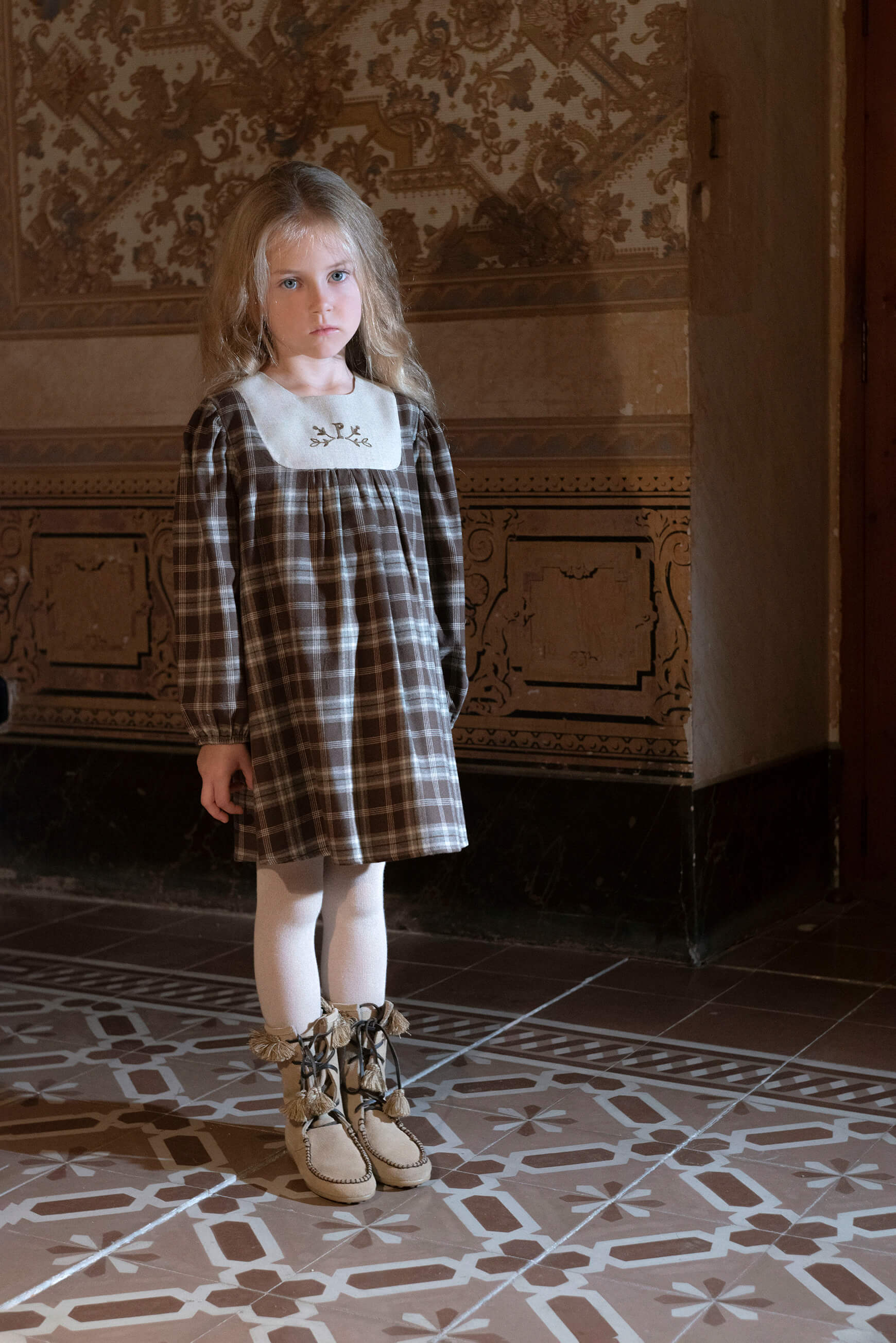 Popelin Girls Brown Plaid Short Dress With Embroidered Yoke