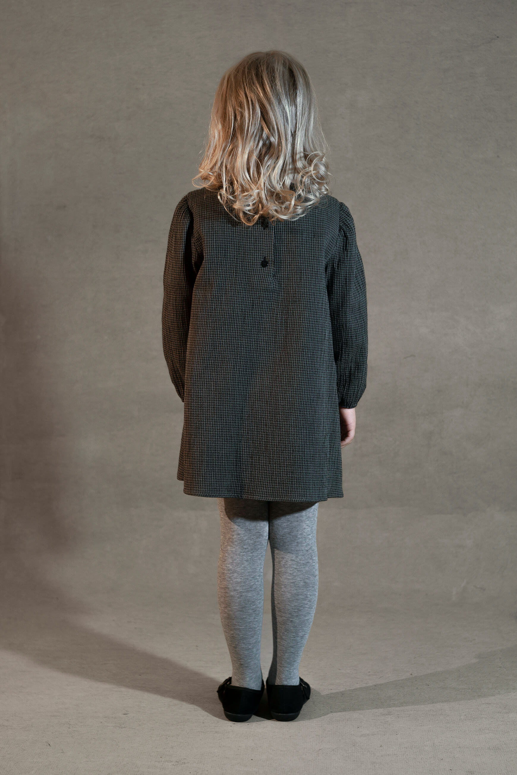 Popelin Girls Black Gingham Short Dress With Embroidered Yoke