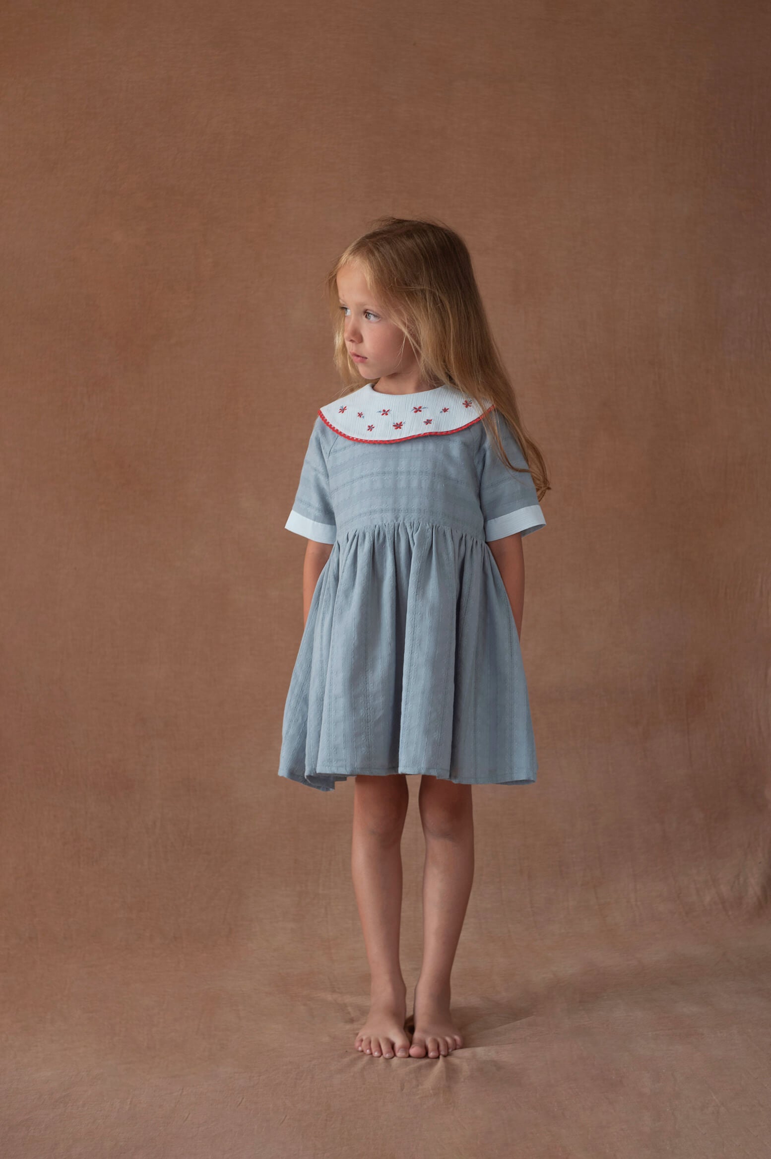 Popelin Blue Short Dress with Embroidered Bib Collar