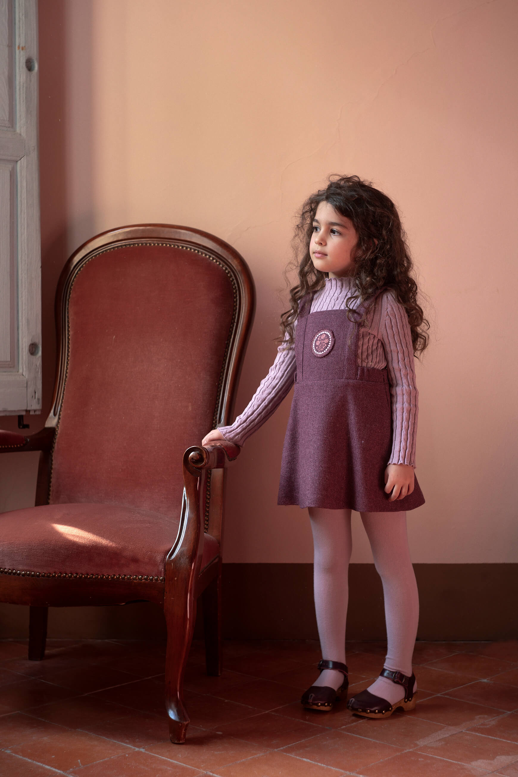 Popelin Girls Wine Red Woollen Short Dress With Embroidered Bib Yoke