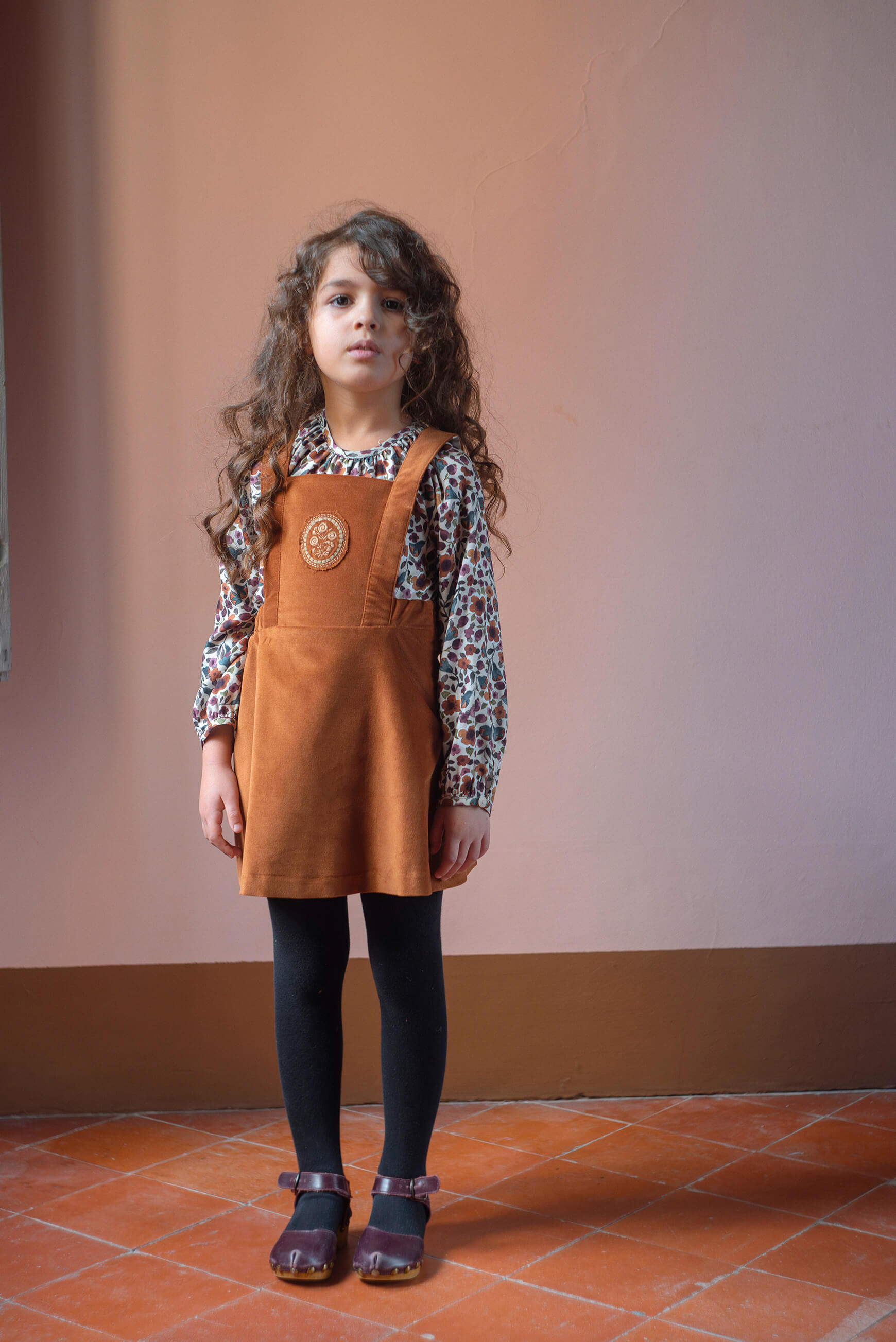 Popelin Girls Terracotta Velvet Short Dress With Embroidered Bib Yoke