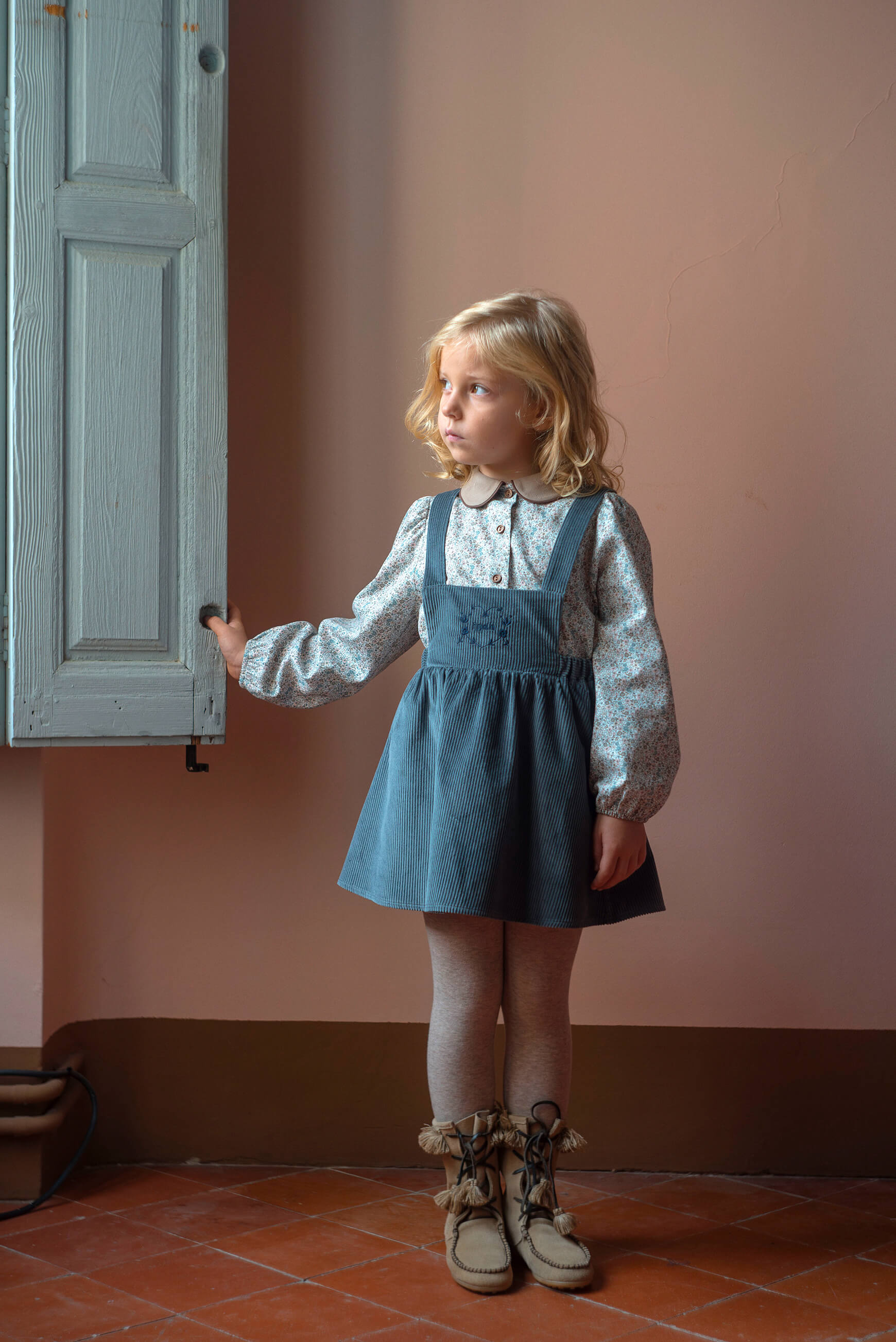 Popelin Girls Grey-Blue Corduroy Short Dress With Embroidered Bib