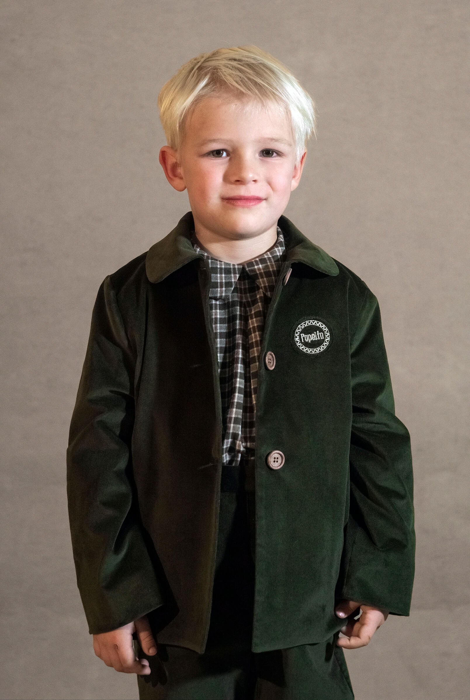 Popelin Boys Moss Green Velvet Coat with Collar
