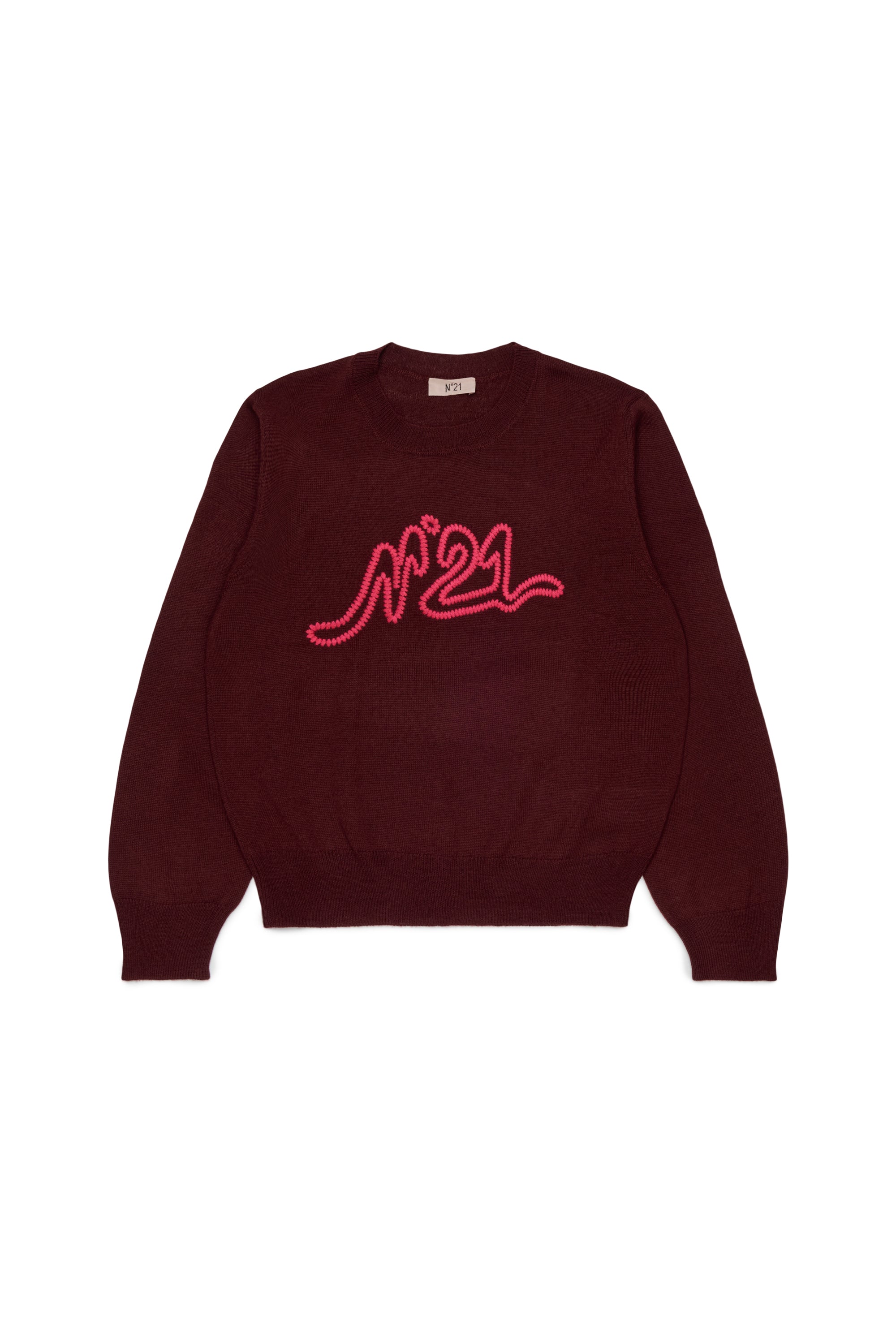 N21 Girls Maroon Knit Embroidered Contrast Logo Sweater