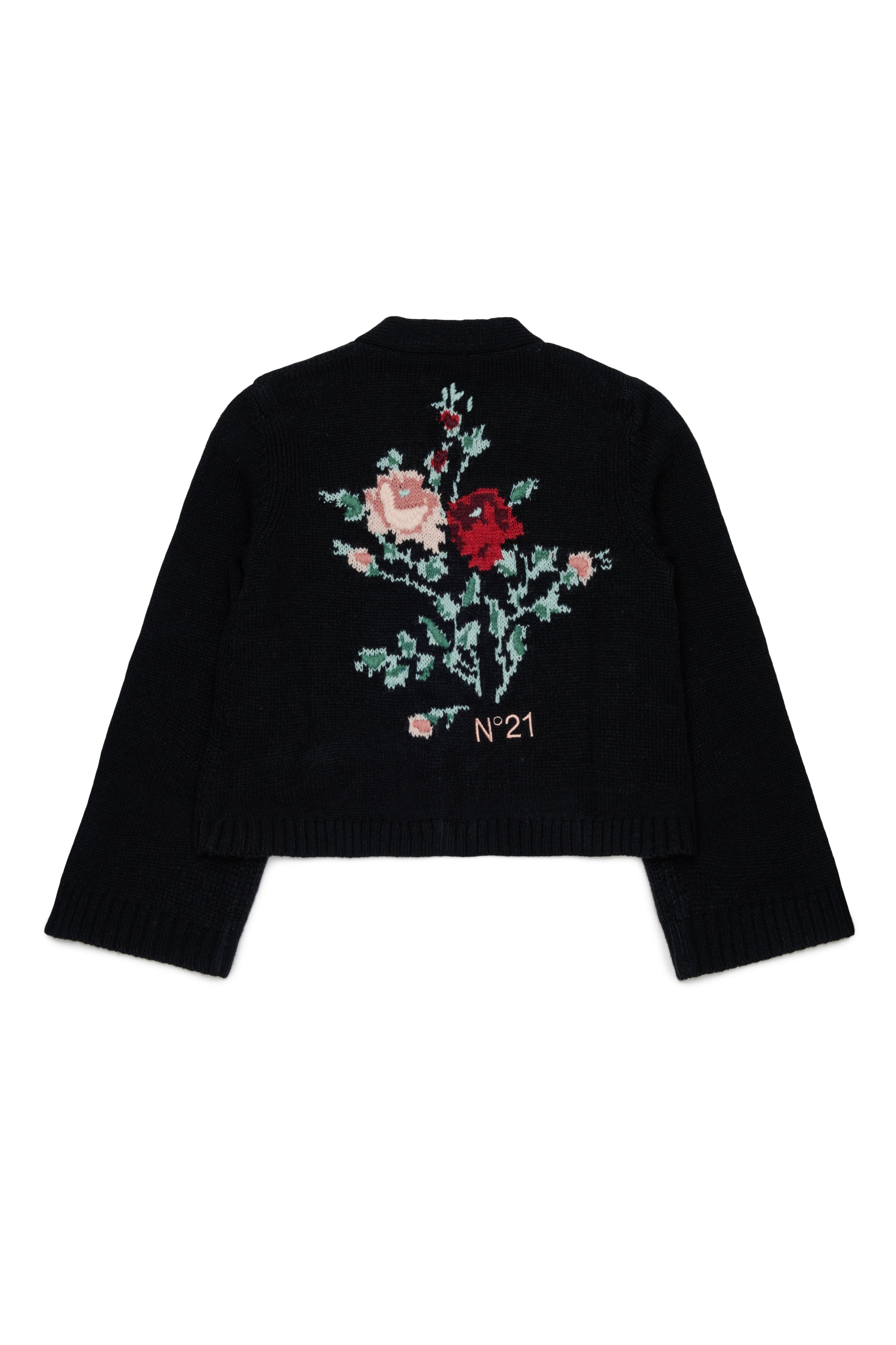 Nº21 Girls Black Knit Jacquard Flower Cardigan
