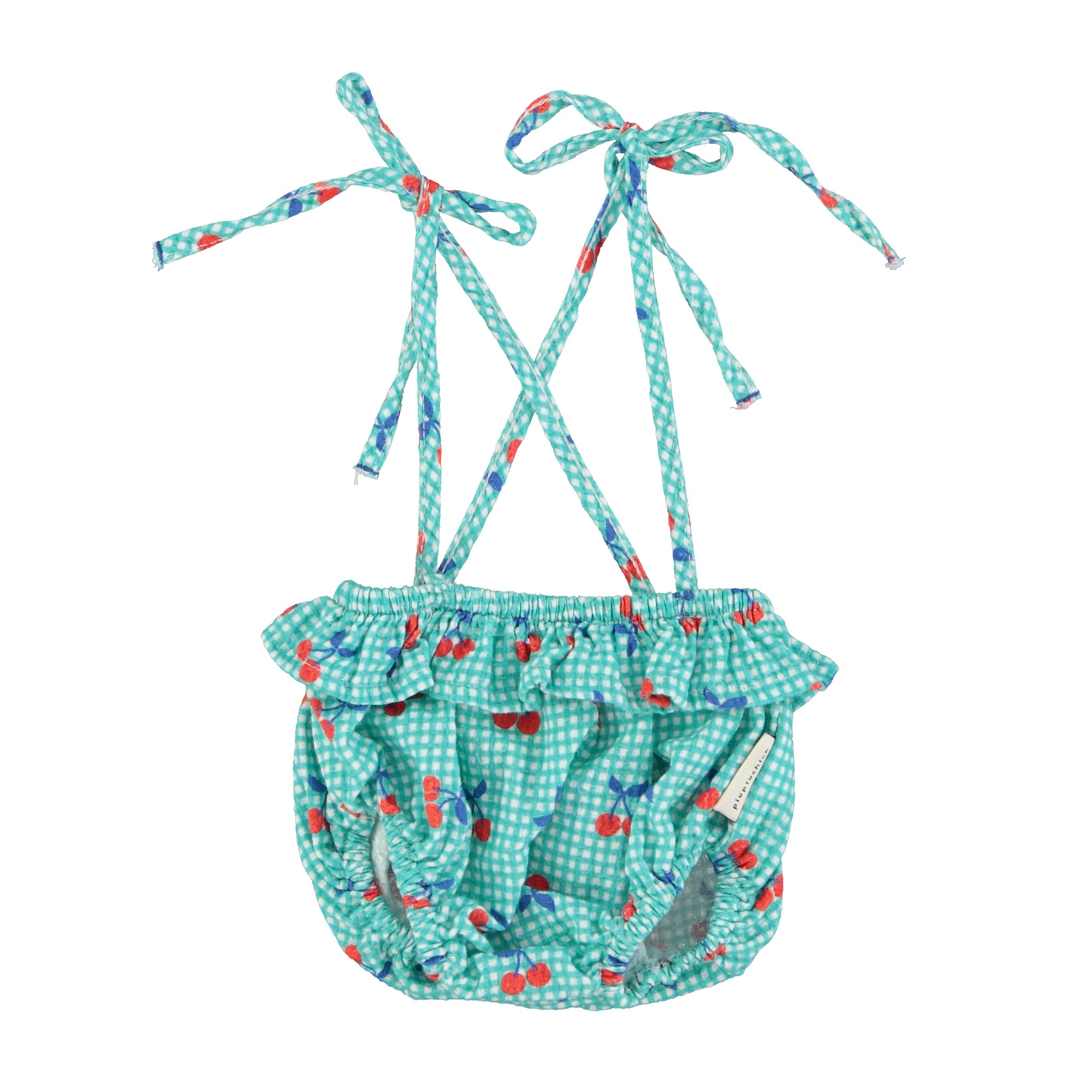 Piupiuchick Baby Bloomers with Thin Straps Turquoise & White Checkered with Cherries