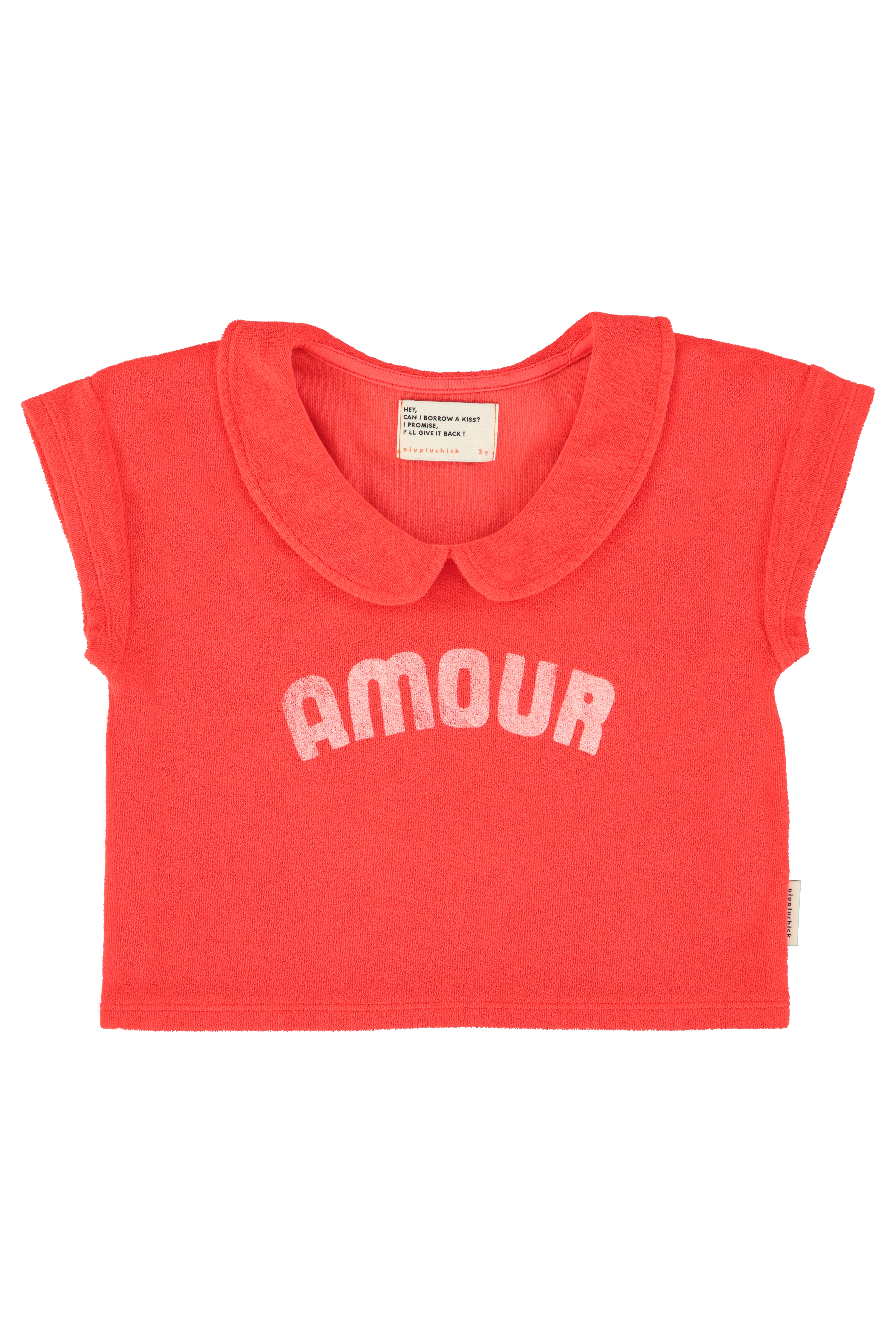 Piupiuchick Girls T-Shirt with Peter Pan Collar Red with "Amour" Print