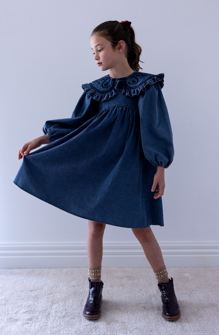 Steph The Label Girls Vintage Blue Wash Chambray Embroidered Collar Dress