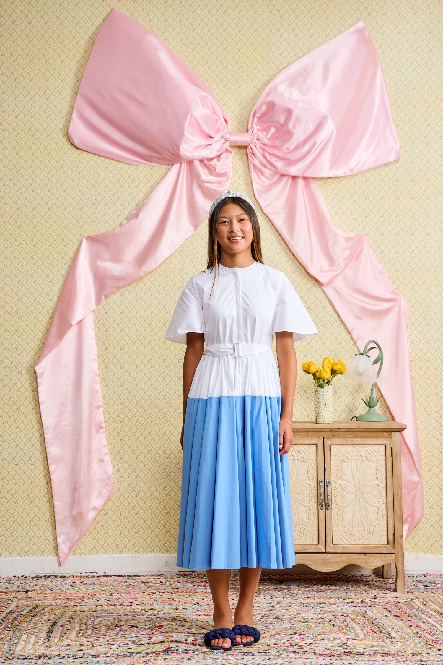 blue and white color block dress SSYS Isabelle Side Scallop Color Block Dress In Blue and Ivory *FINAL SALE*