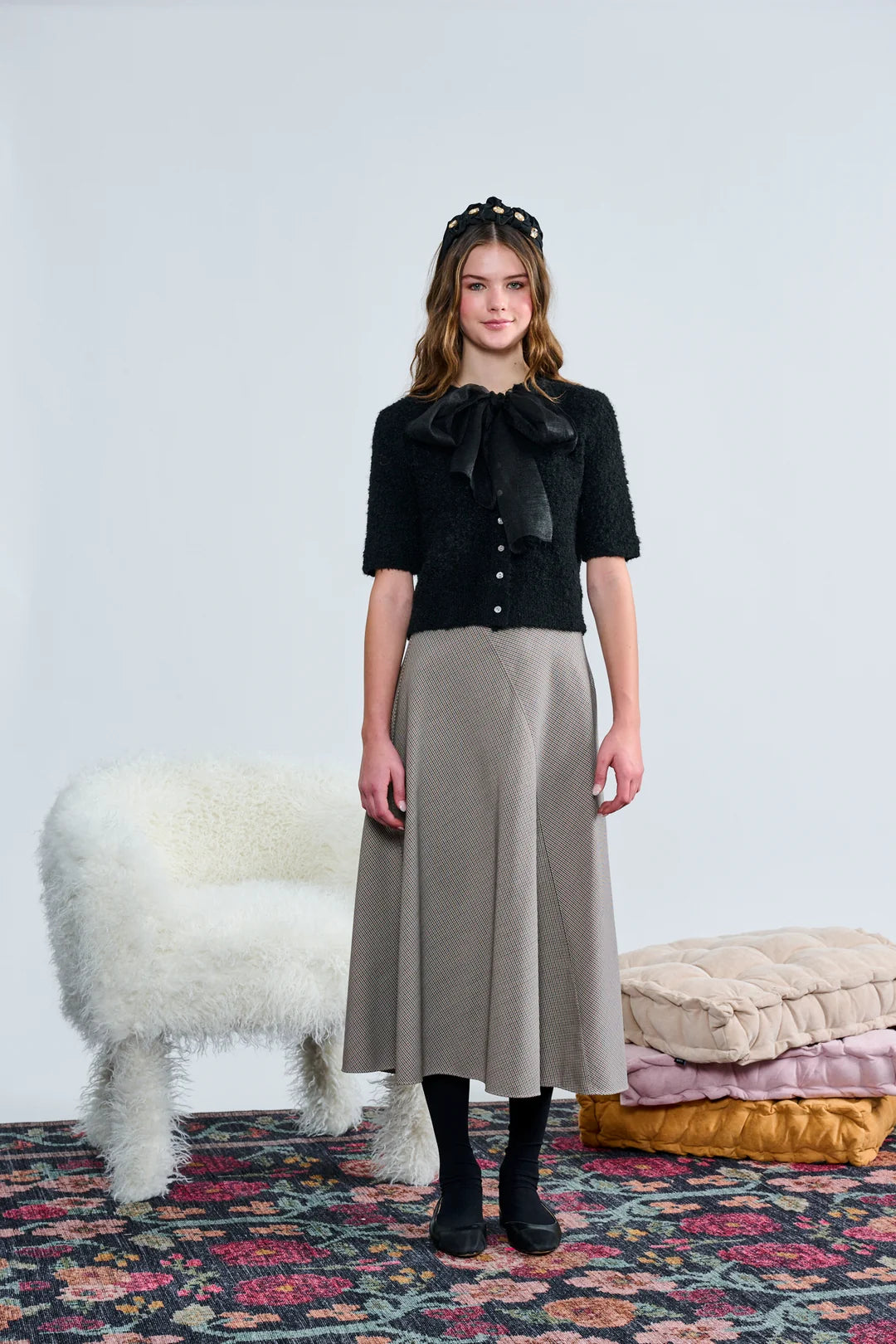 Laurent Brown Black White Houndstooth With Leather Waist Skirt