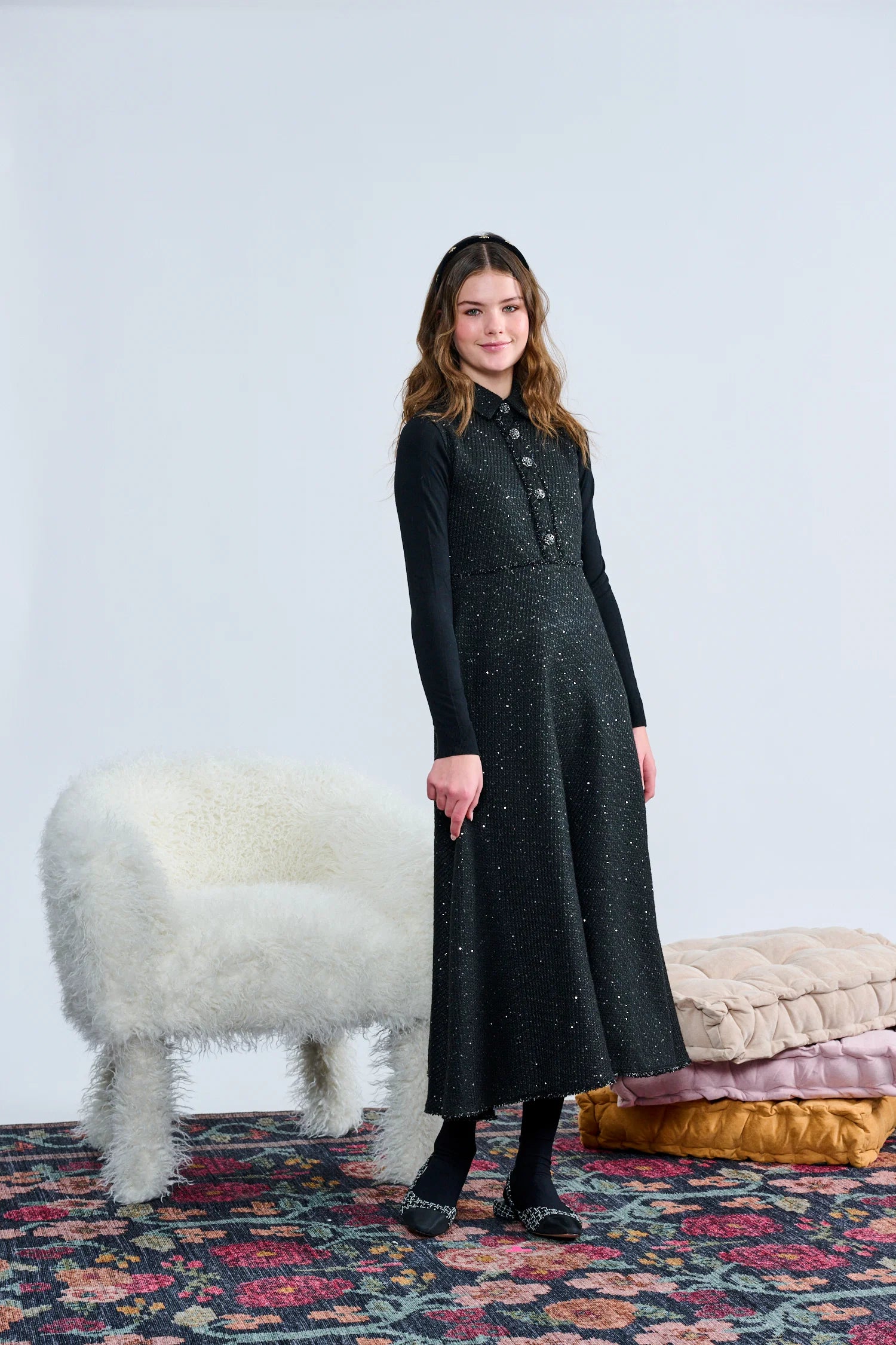 Laurent Black Sequined Gem Button Placket Jumper