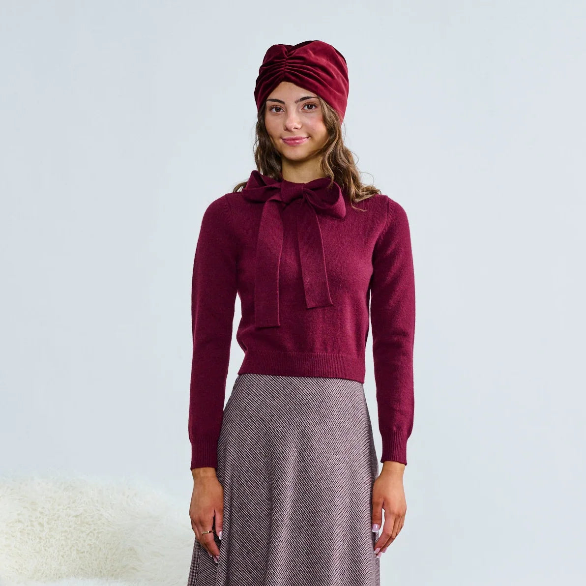 Laurent Wine Knit W/ Tie Bow Collar Top