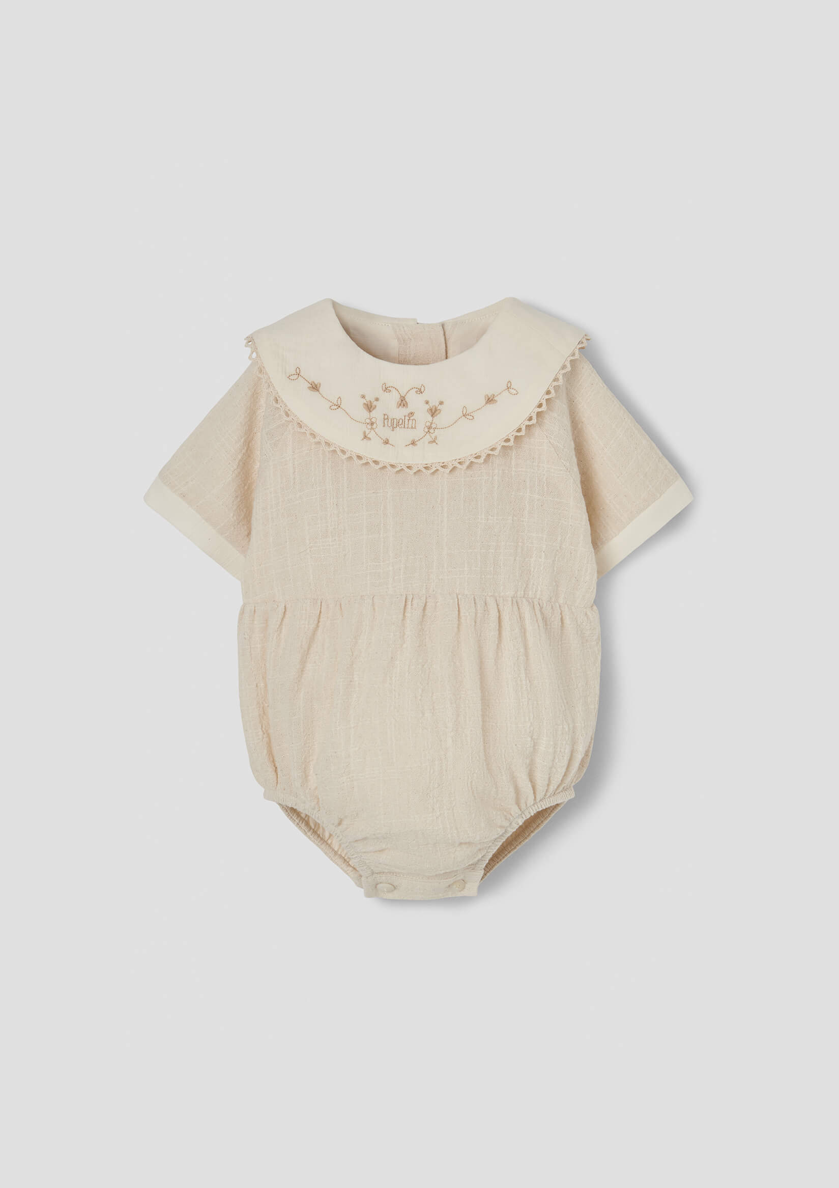 Popelin Off-White Romper Suit with Embroidered Bib Collar