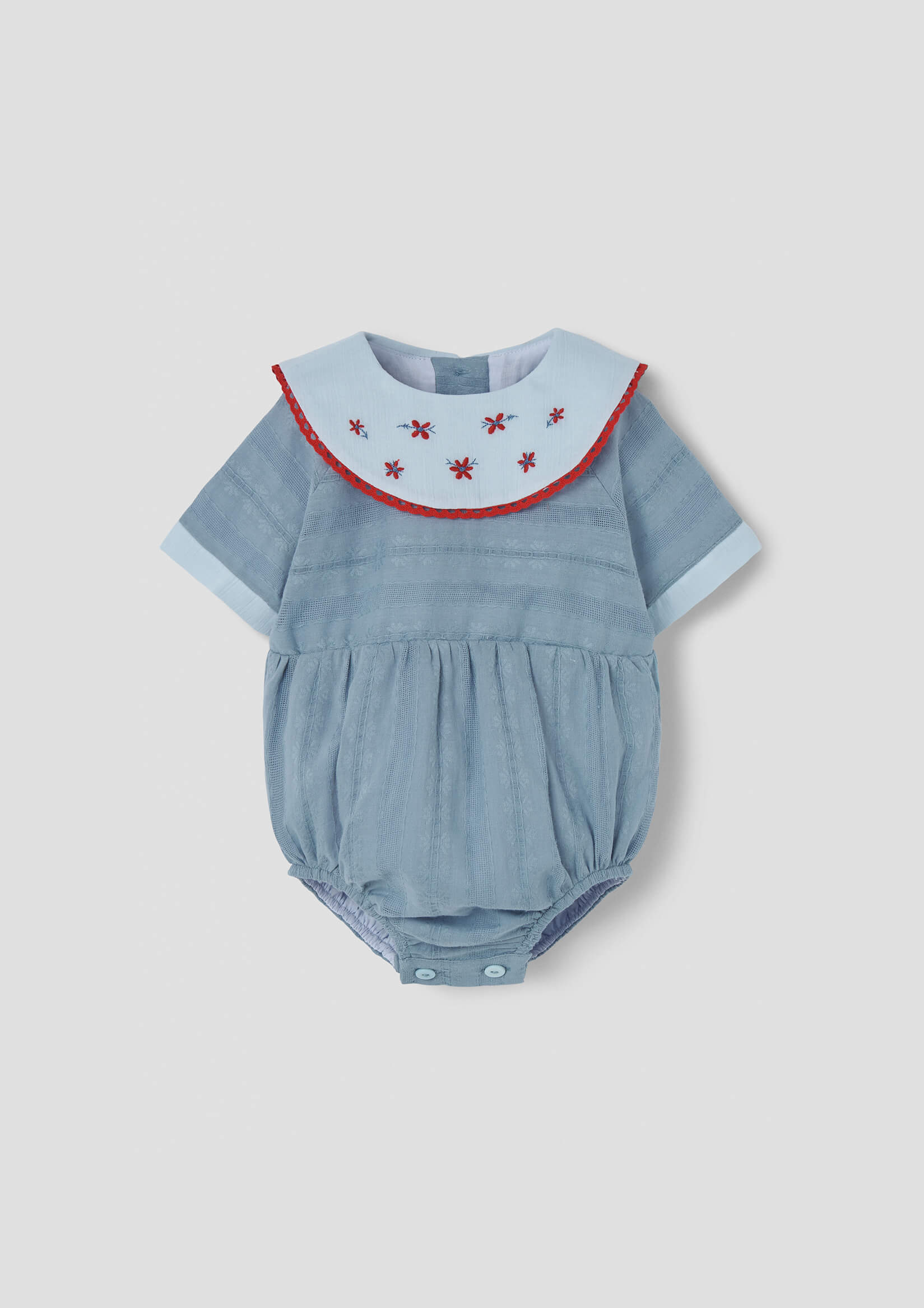 Popelin Blue Romper Suit with Embroidered Bib Collar