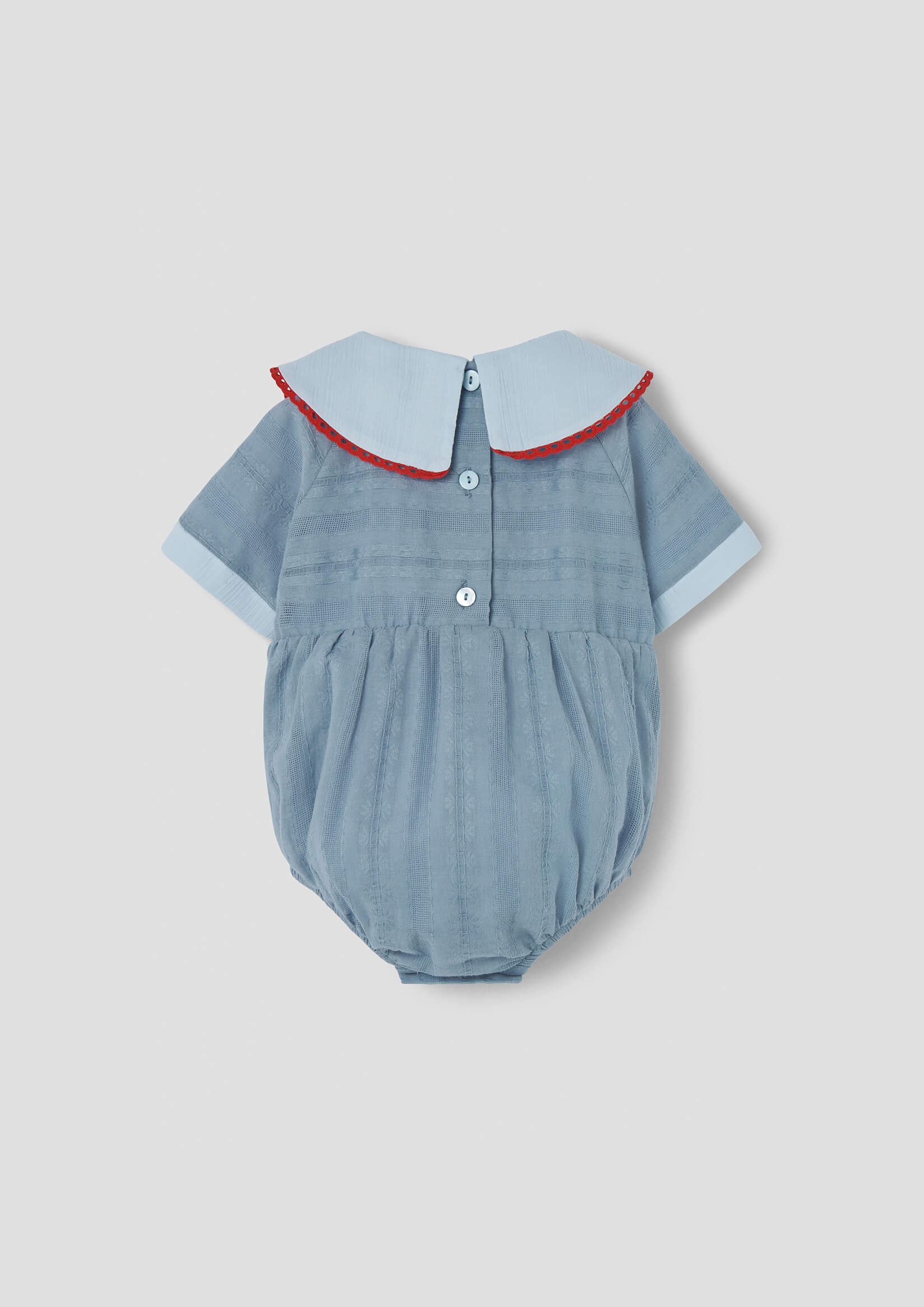 Popelin Blue Romper Suit with Embroidered Bib Collar