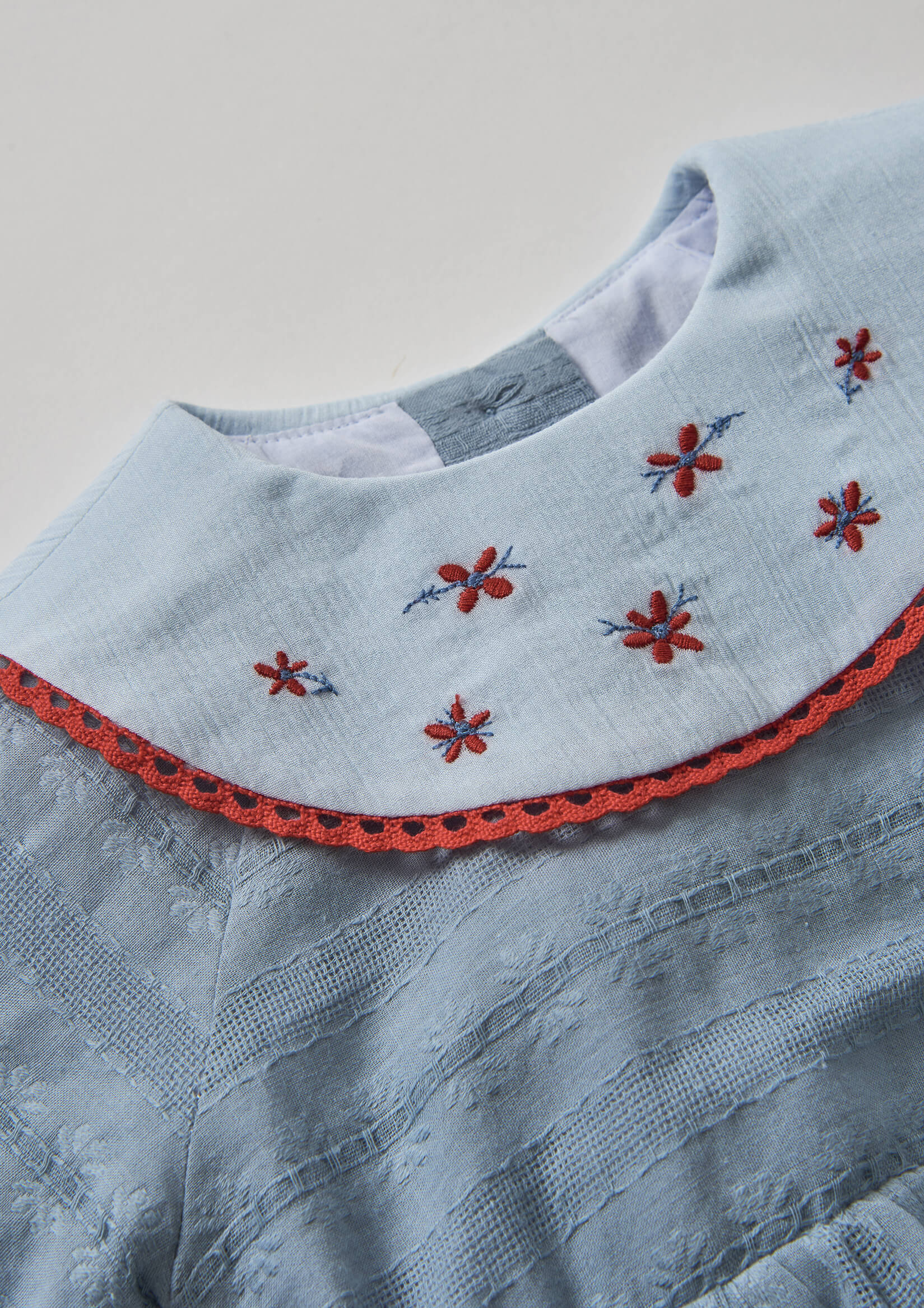 Popelin Blue Romper Suit with Embroidered Bib Collar