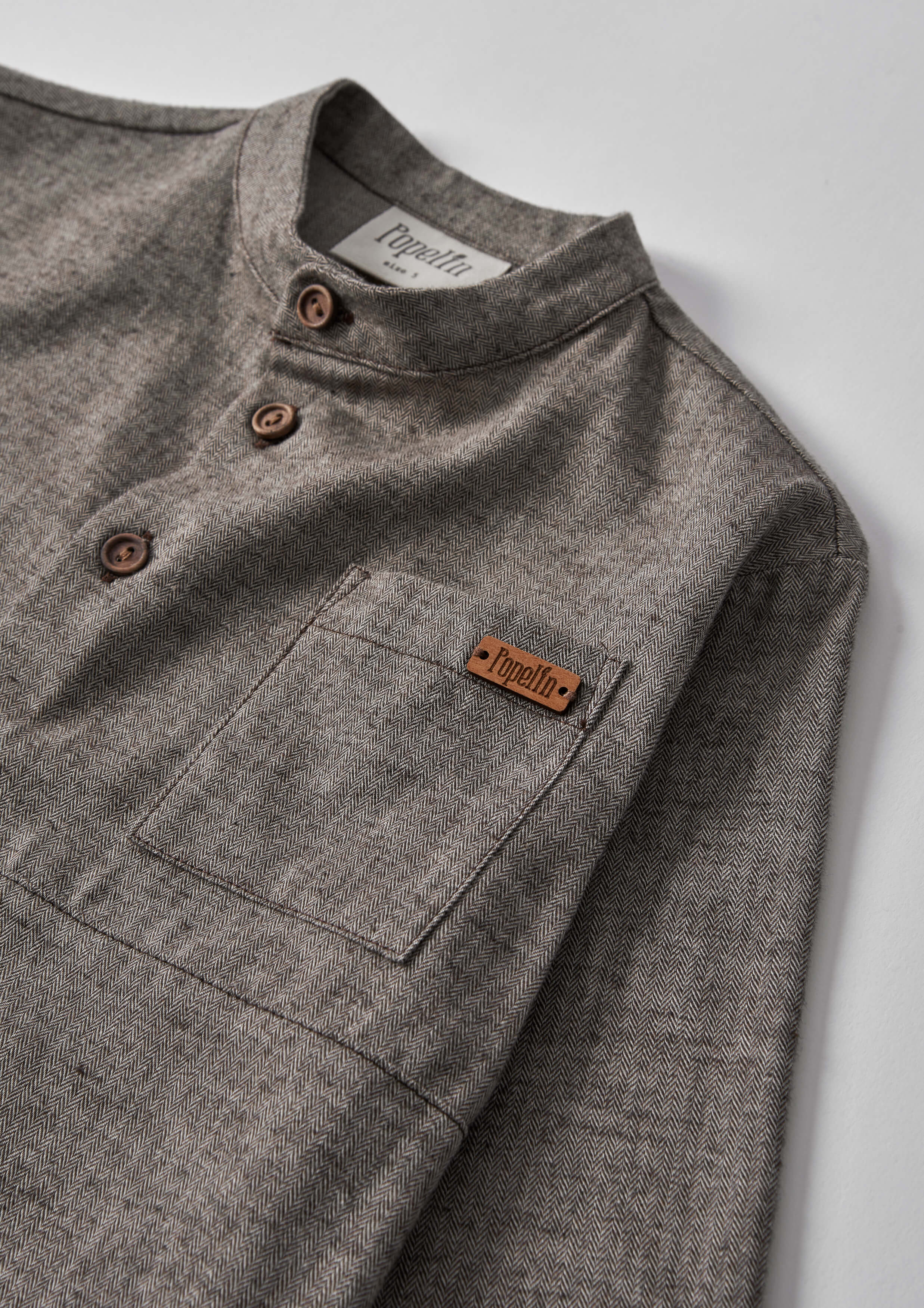 Popelin Boys Brown Herringbone Contrasting Shirt with Mandarin Collar
