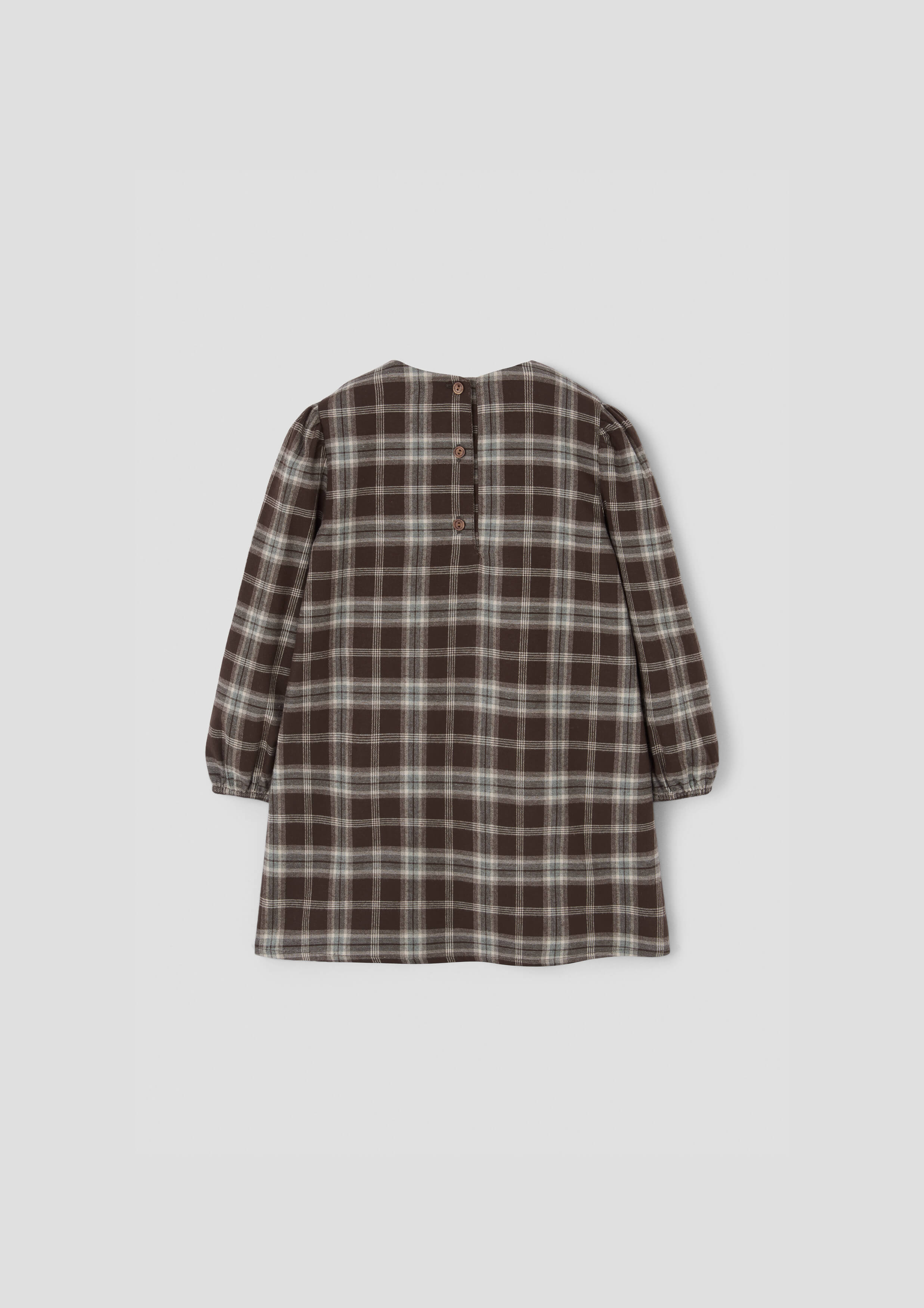 Popelin Girls Brown Plaid Short Dress With Embroidered Yoke