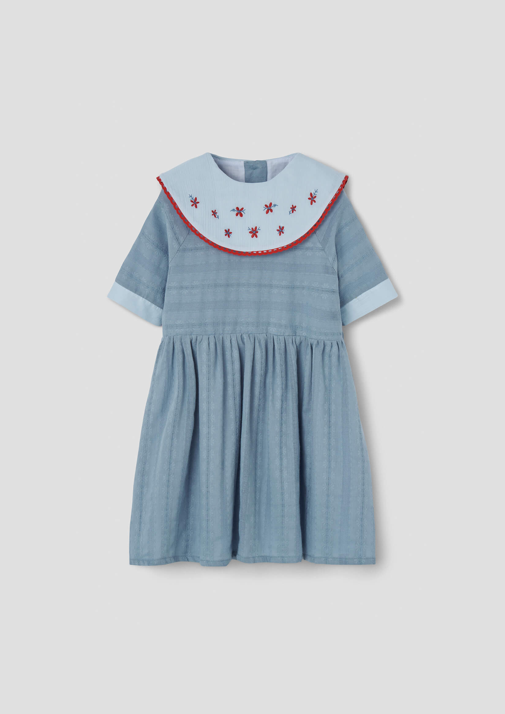 Popelin Blue Short Dress with Embroidered Bib Collar