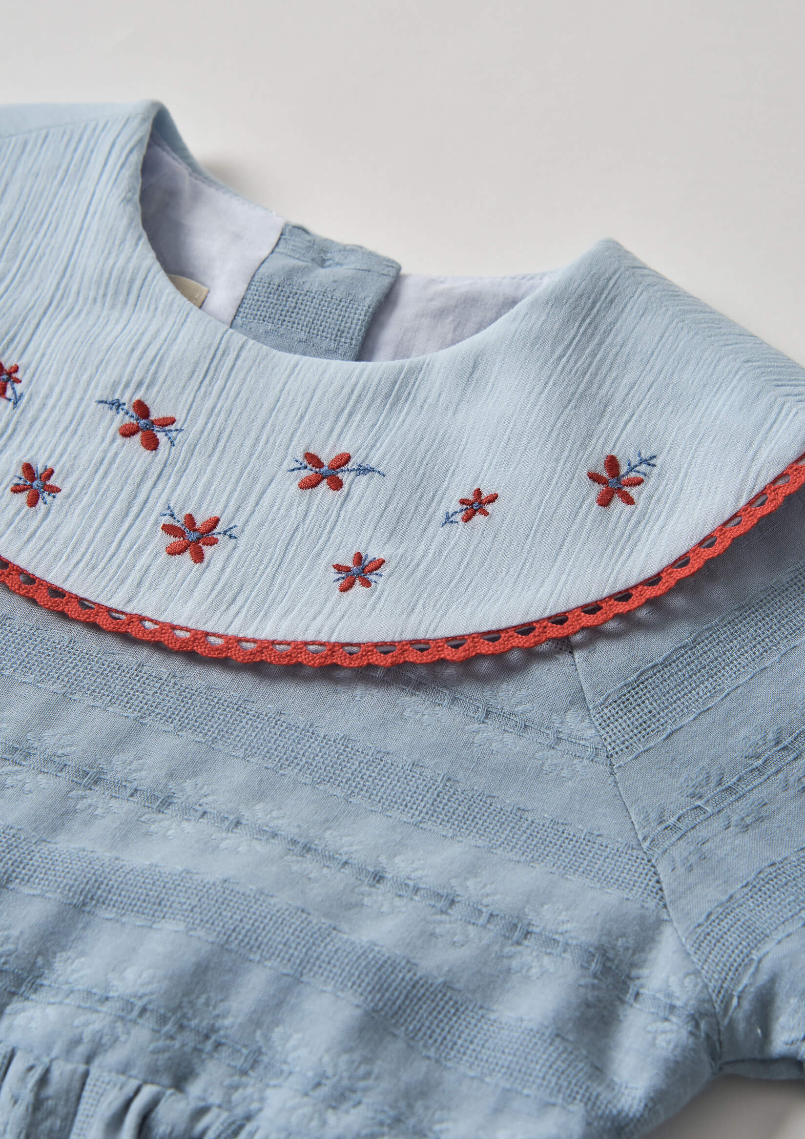 Popelin Blue Short Dress with Embroidered Bib Collar