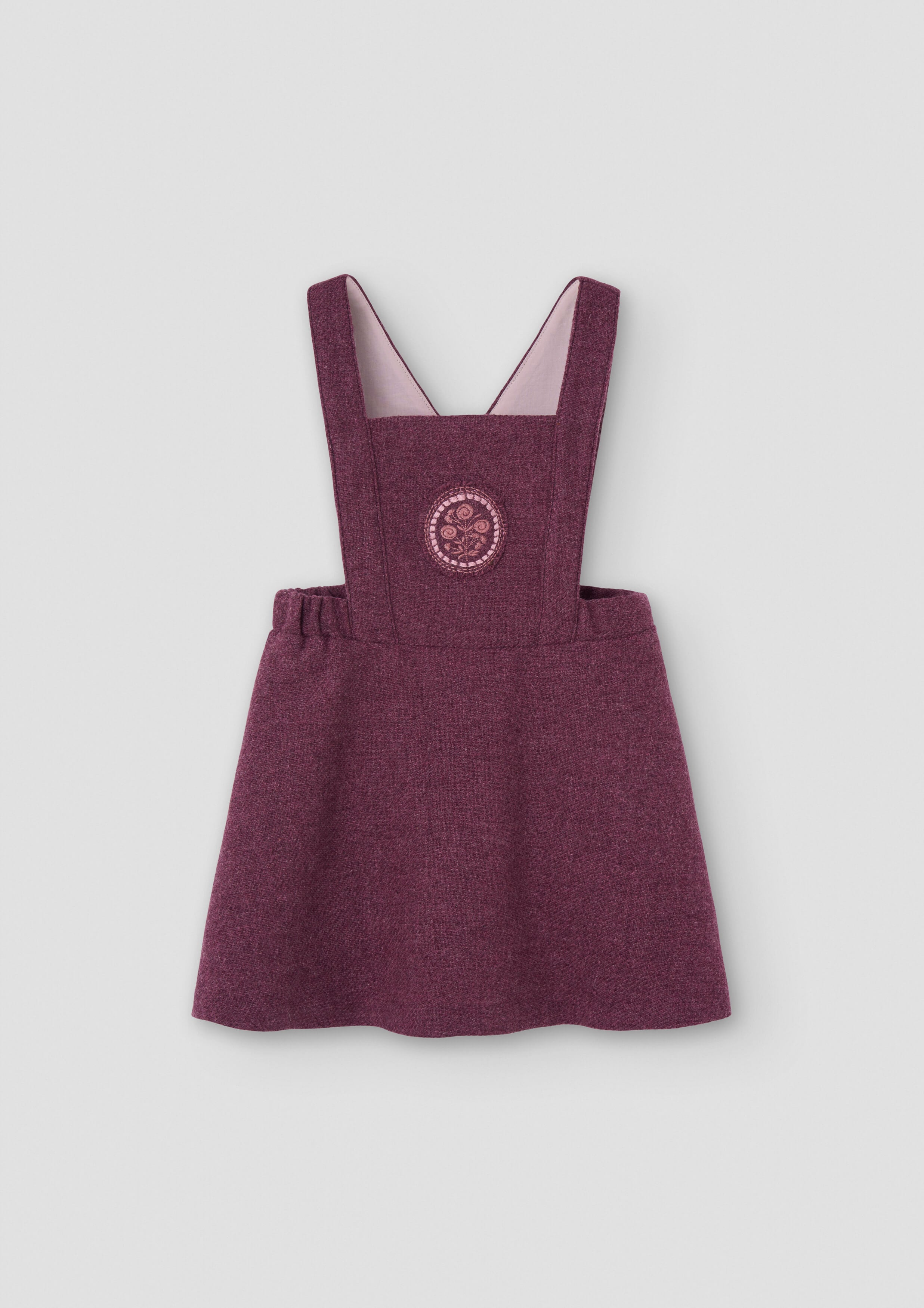 Popelin Girls Wine Red Woollen Short Dress With Embroidered Bib Yoke