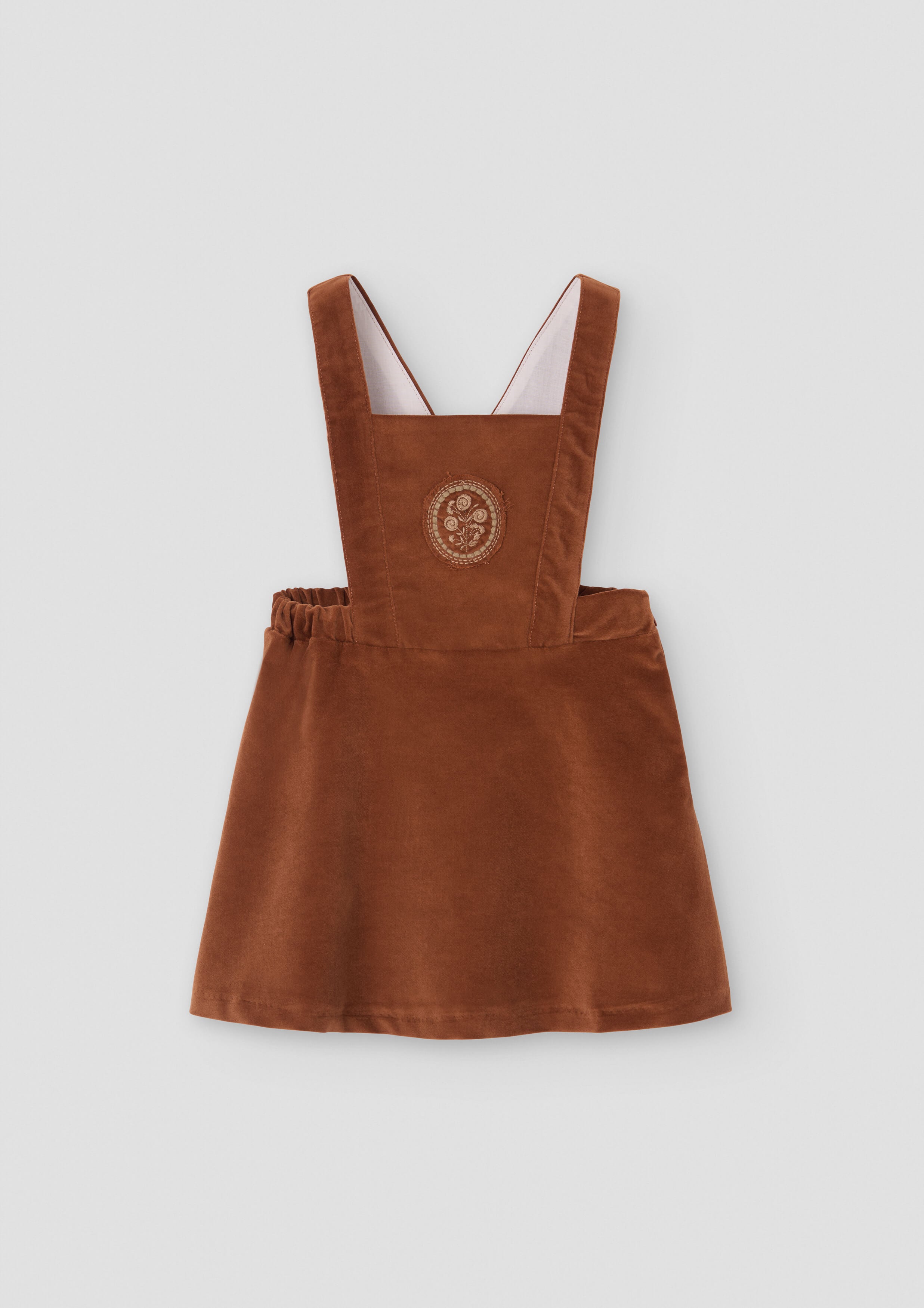 Popelin Girls Terracotta Velvet Short Dress With Embroidered Bib Yoke