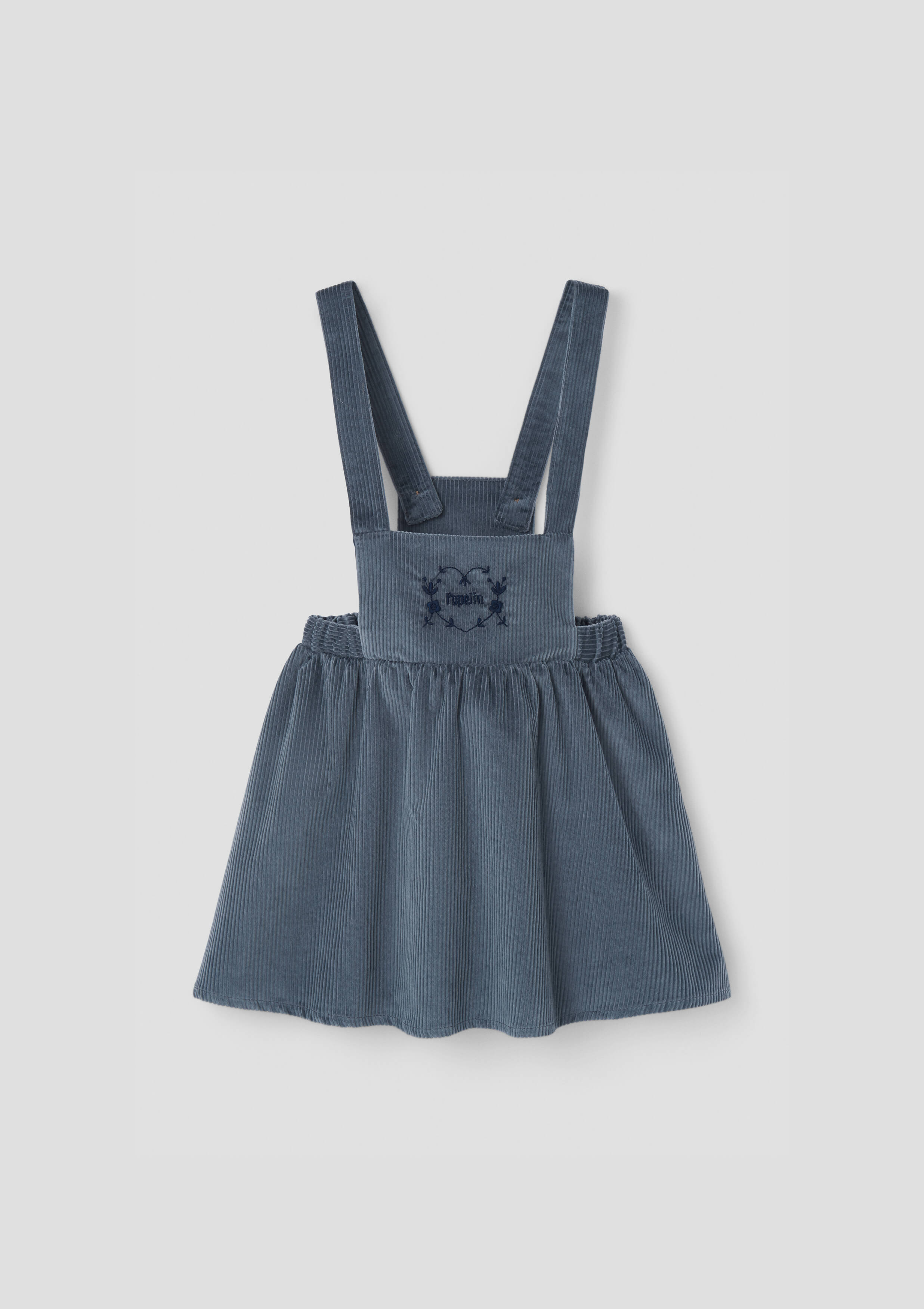 Popelin Girls Grey-Blue Corduroy Short Dress With Embroidered Bib