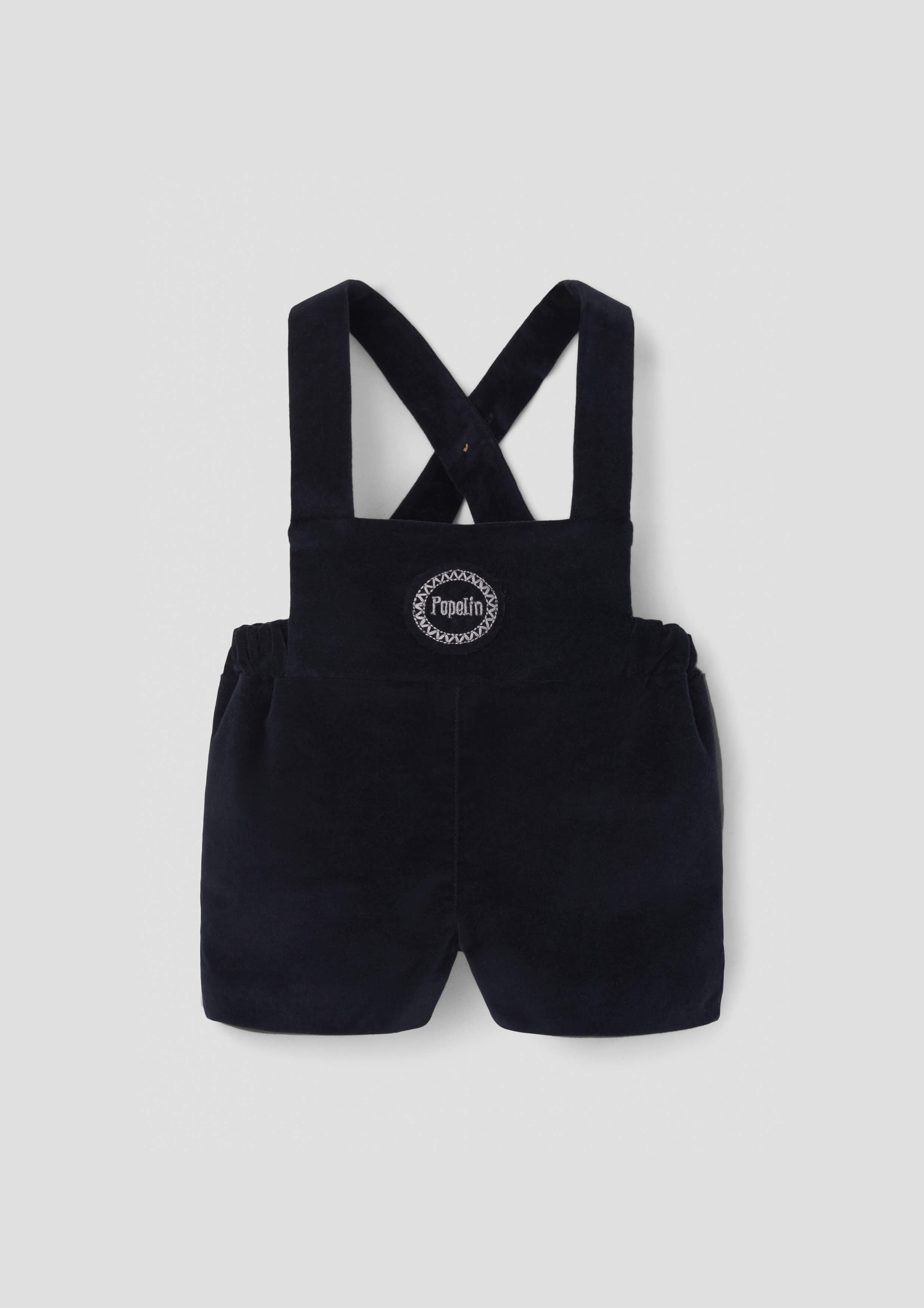 Popelin Baby Black Velvet Short Dungarees With Embroidery Appliqué